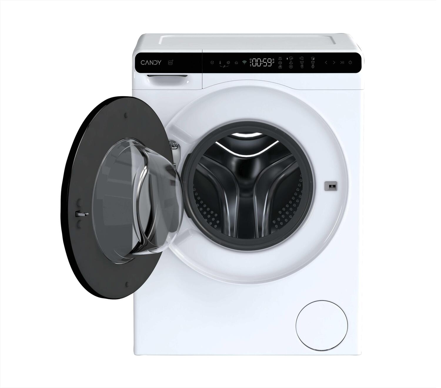 Lavadora Candy blanca, puerta abierta. Marco de puerta negro, puerta de vidrio. Pantalla digital muestra la hora. Aislada sobre fondo blanco.