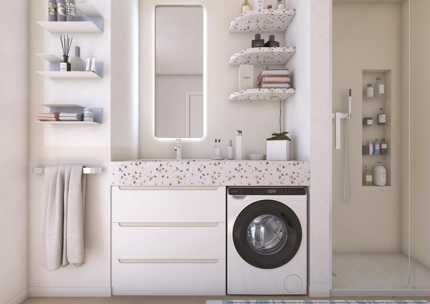 Un baño moderno con gabinetes blancos, un espejo, estantes con artículos de tocador, una lavadora y una cabina de ducha.