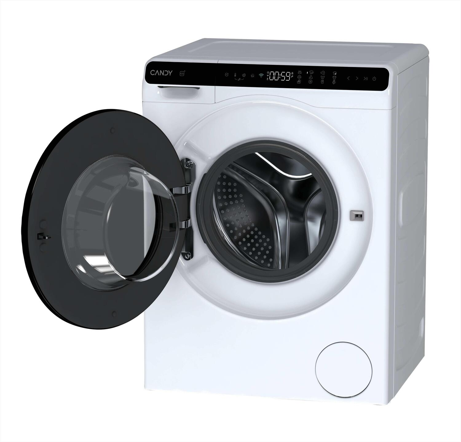 Lavadora Candy blanca con puerta negra abierta. El panel de control muestra 00:59. Se ve el tambor interior.