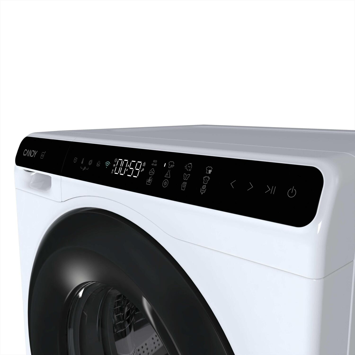 Primer plano de una lavadora Candy blanca. La pantalla muestra '00:59'. Tiene un panel de control negro con iconos y botones. Borde de la puerta negro.