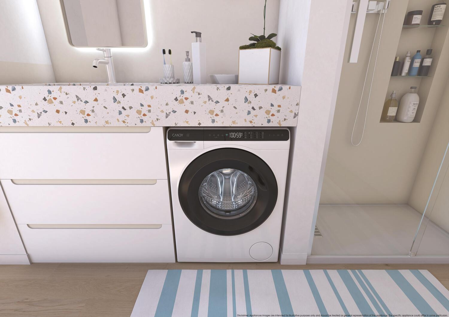 Interior del baño. Lavadora blanca bajo encimera. Ducha a la derecha. Alfombra a rayas azules y blancas en el suelo.