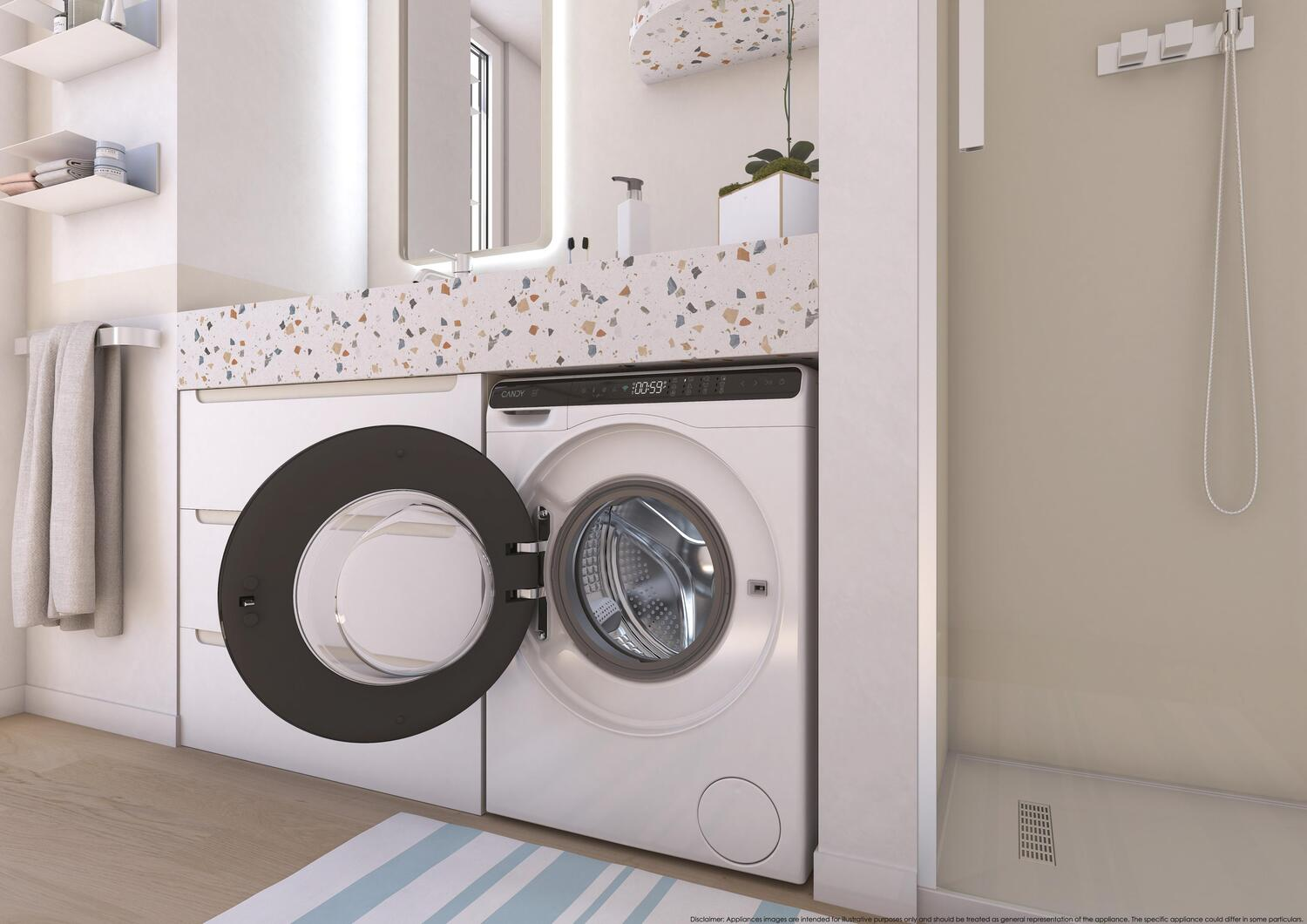 Una lavadora con la puerta abierta en un baño. La máquina es blanca con una puerta negra. A la izquierda hay un toallero y estantes.