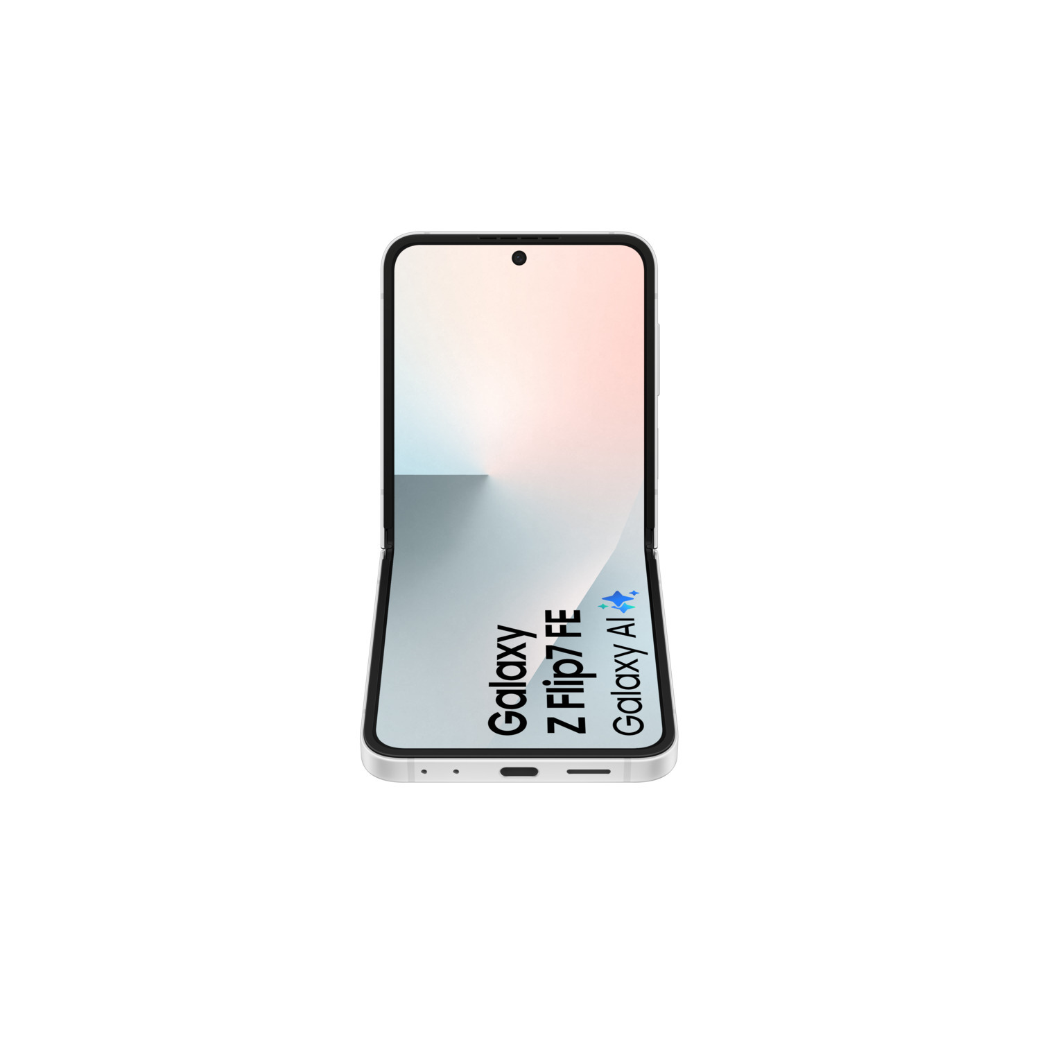 A partially open silver Galaxy Z Flip7 FE phone. The screen displays a gradient of colors. The phone is on a white background.