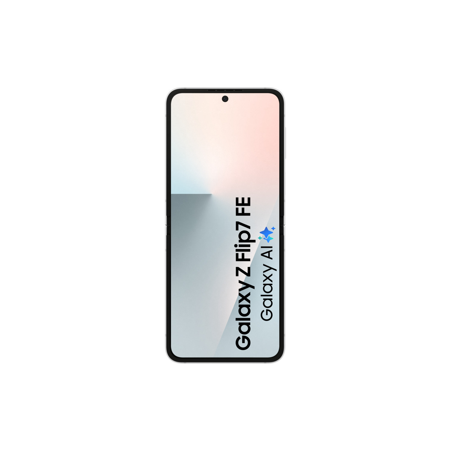 A smartphone with a gradient screen, the text "Galaxy Z Flip7 FE Galaxy AI" is vertically placed on the screen.