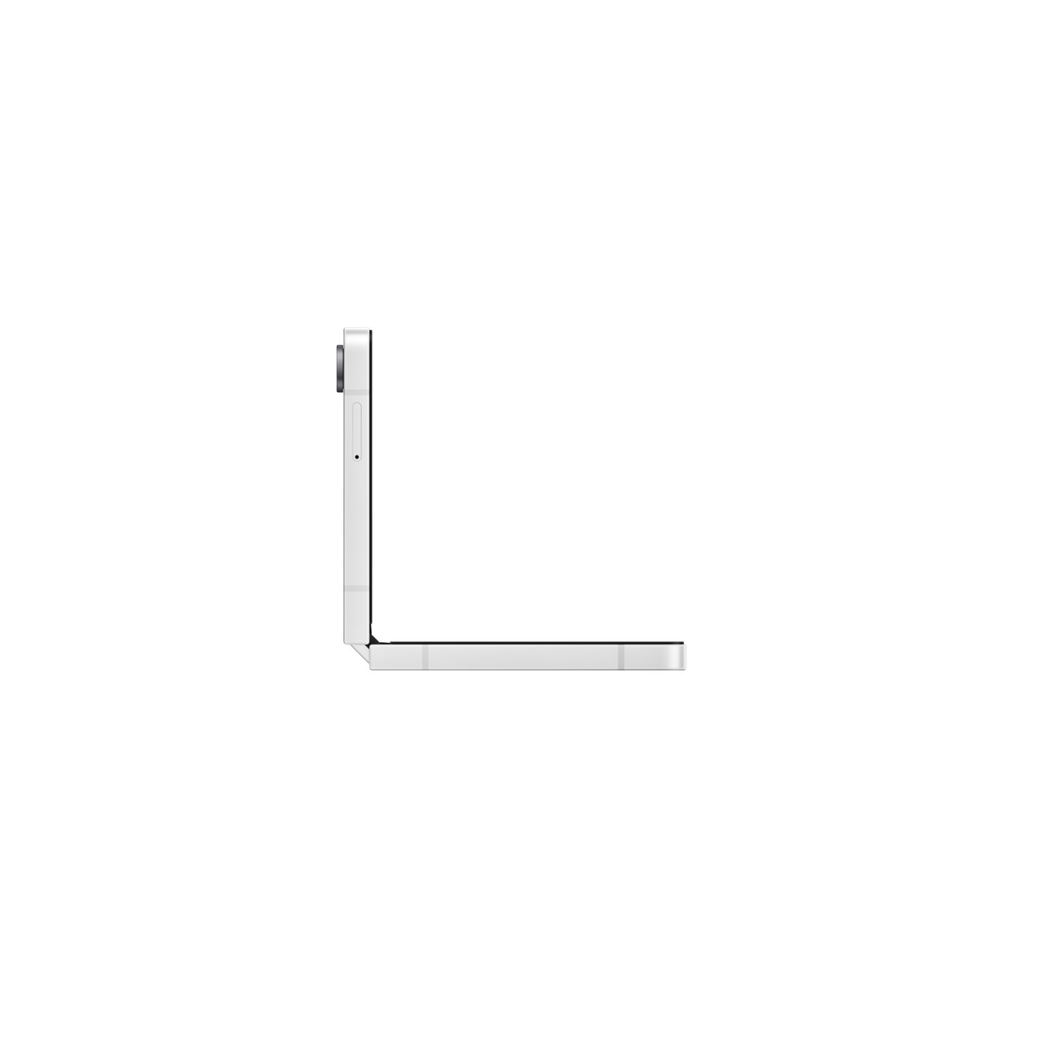 A white, foldable smartphone is partially open on a white background. The phone shows a camera and a volume button.