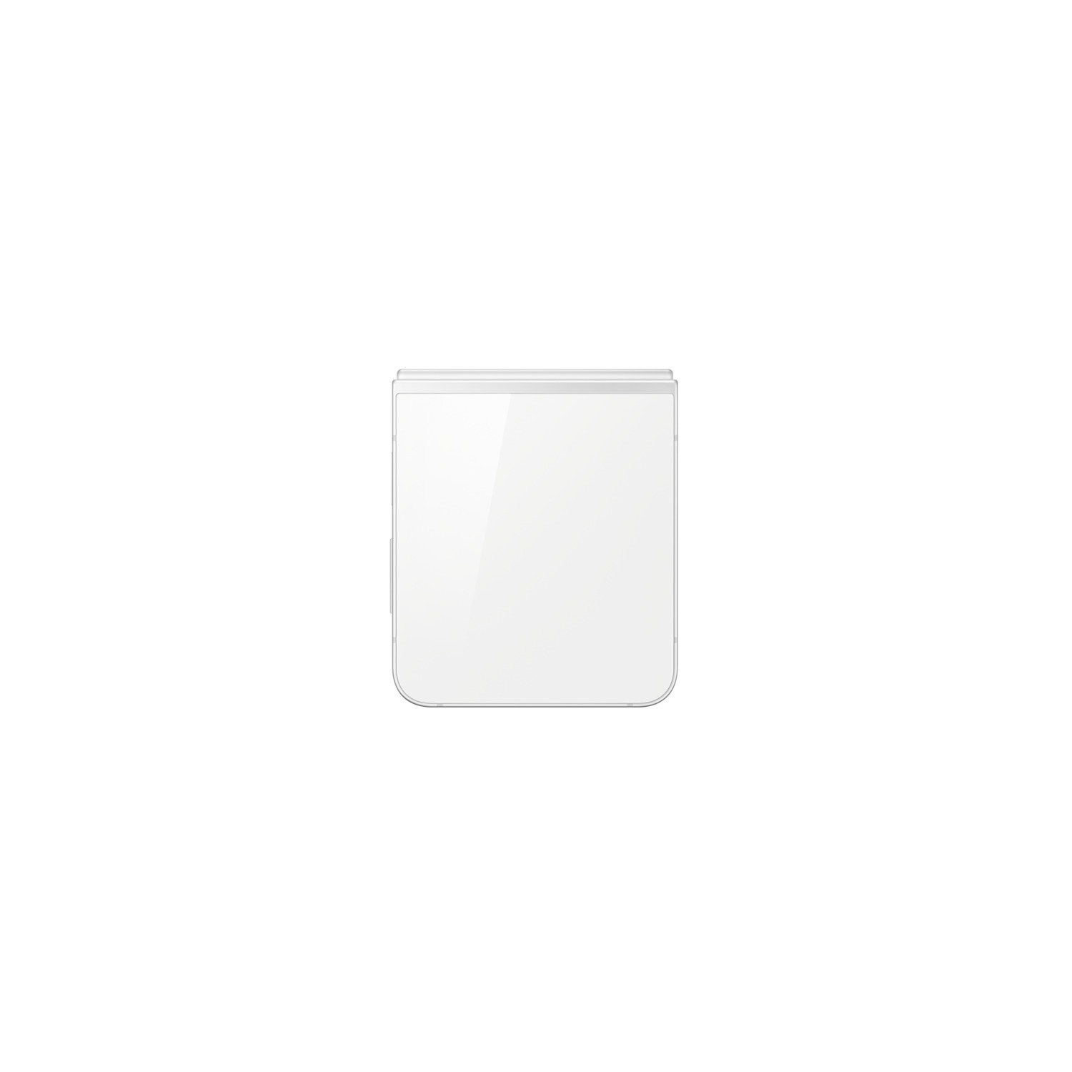 A white, folded smartphone on a white background. The phone is rectangular with rounded corners and a glossy screen.