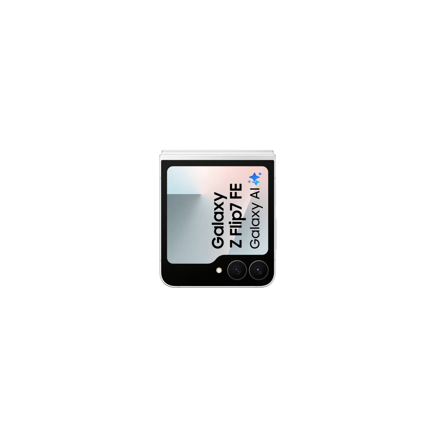 A white Samsung Galaxy Z Flip7 FE phone is displayed against a black background. The phone is partially open, showing the screen and camera.