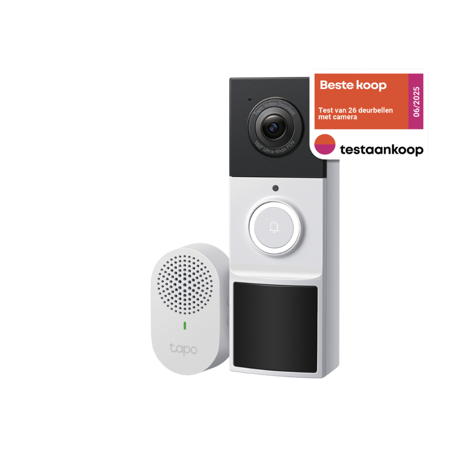 A white and black Tapo video doorbell with a speaker to the left. A 'Best Buy' sticker is on the top right.