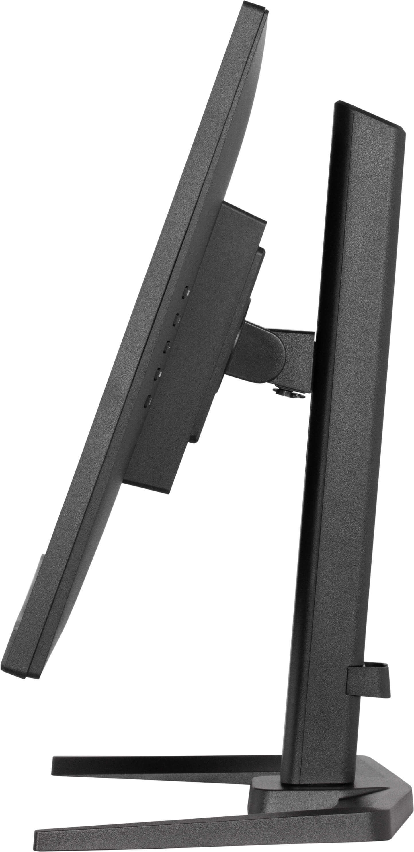 Czarny monitor komputera jest ustawiony pod kątem. Ekran, stojak i podstawa są widoczne na białym tle.