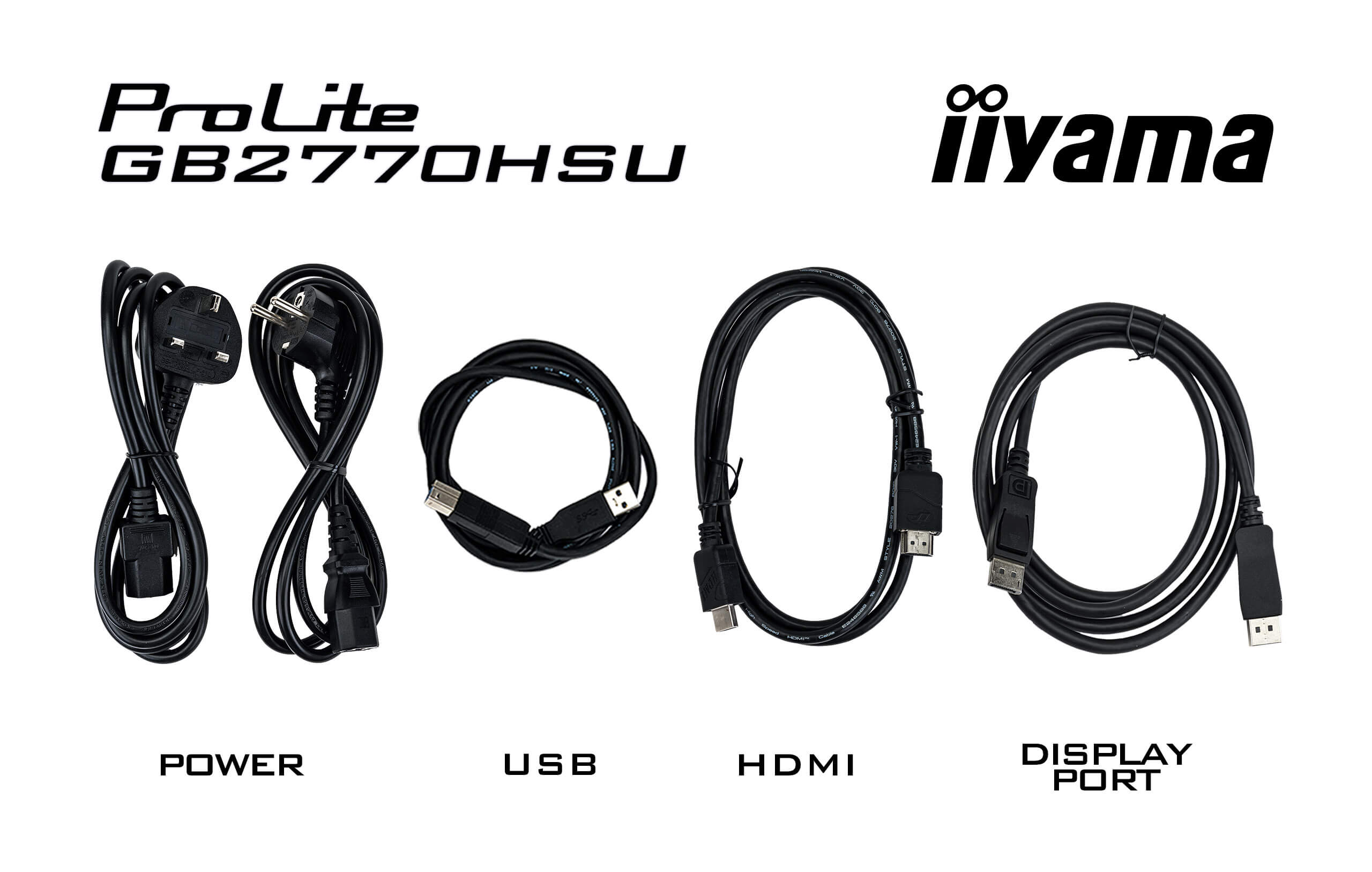 Obraz przedstawia kable zasilające, USB, HDMI i DisplayPort. Loga to ProLite, iiyama. Wszystkie kable są czarne.