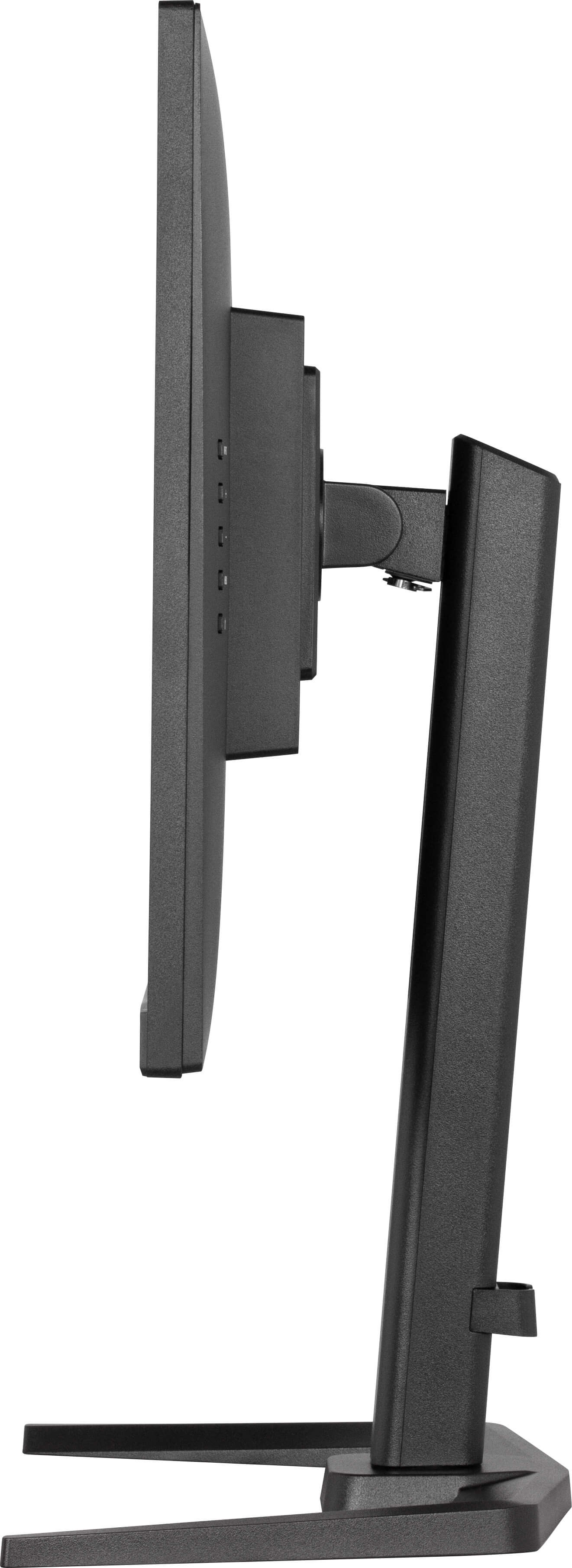 Widok z boku czarnego monitora komputera. Ma cienką ramkę i stojak. Tło jest białe.