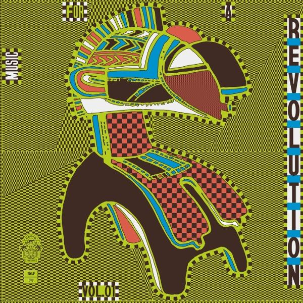 Abstrakte Grafik mit einer zentralen Figur und Textelementen wie 'MUSIC' und 'REVOLUTION'. Der Hintergrund ist strukturiert grün.