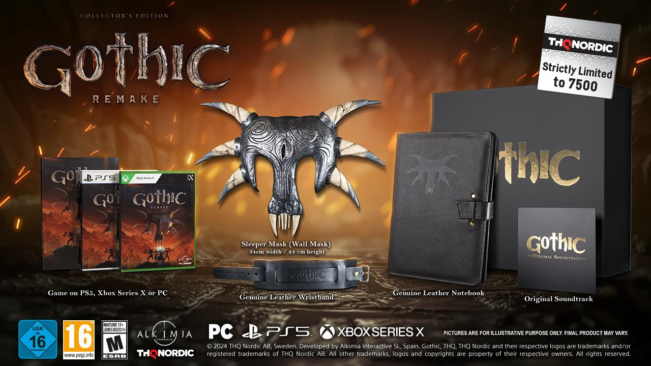 Collector's Edition von Gothic Remake: Maske, Armband, Notizbuch, Soundtrack und Spielhüllen für PS5, Xbox und PC.
