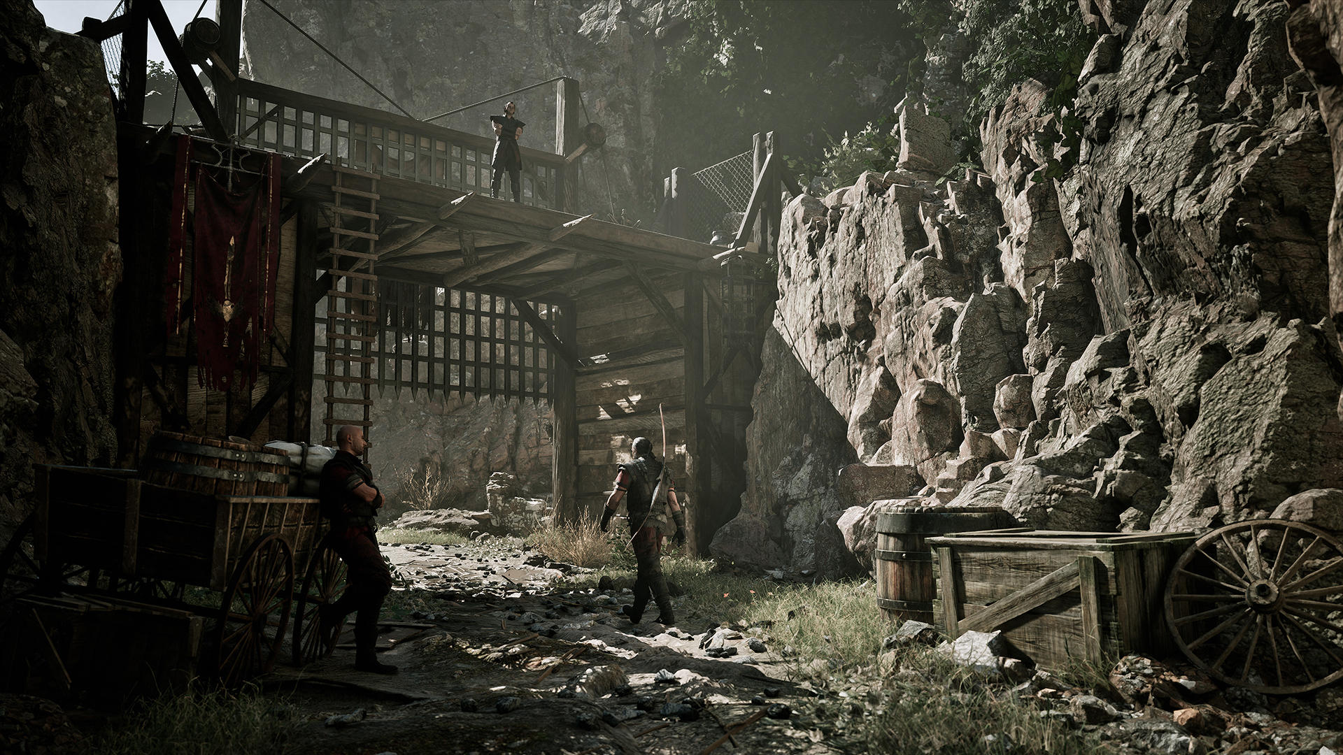 Eine mittelalterliche Szene mit Menschen auf einer Holzbrücke, Felsklippen und einem Wagen. Eine Person steht auf der Brücke, andere unten.