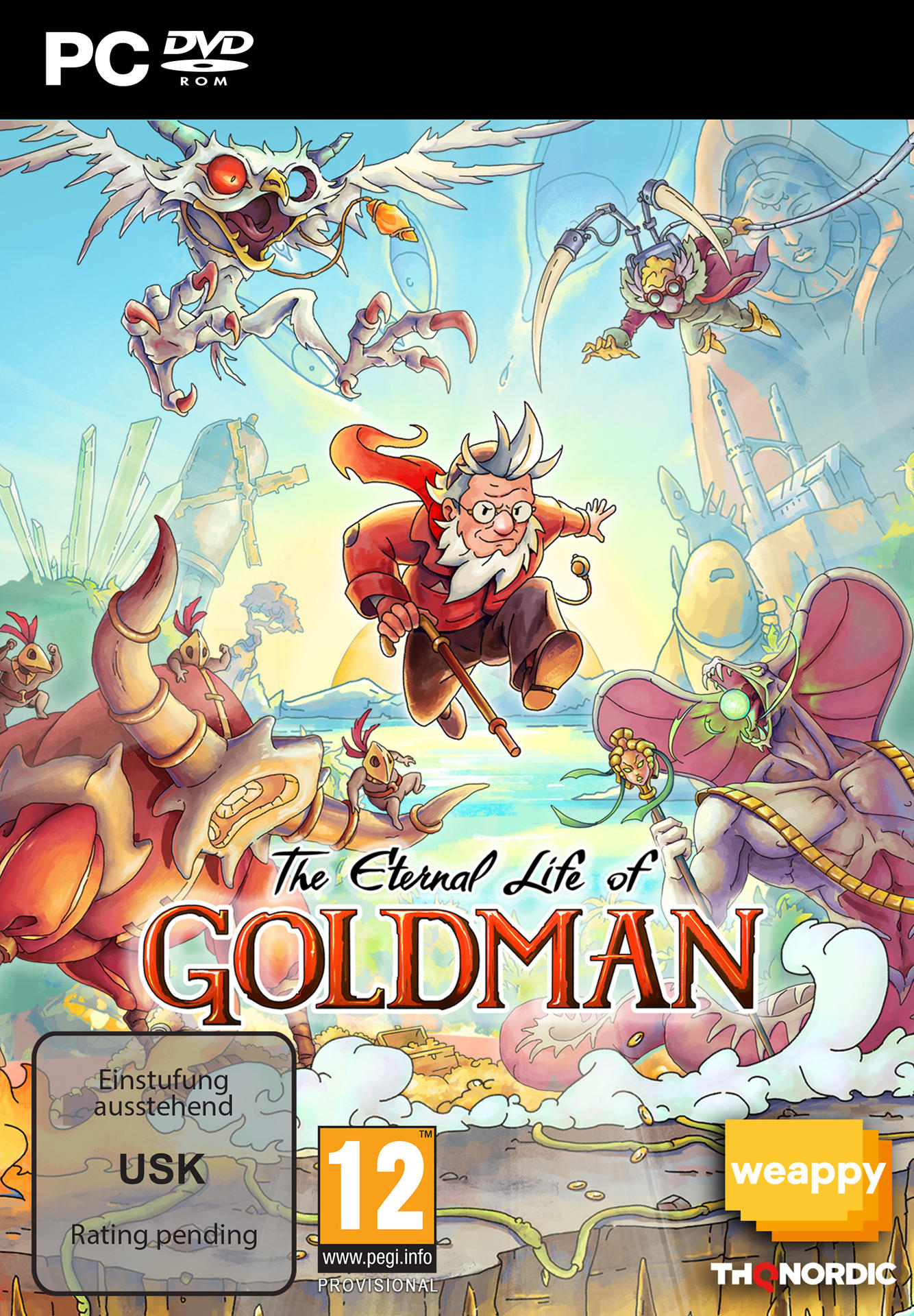 Okładka 'The Eternal Life of Goldman' przedstawia mężczyznę z laską, potwory i unoszące się stworzenia na kolorowym tle.