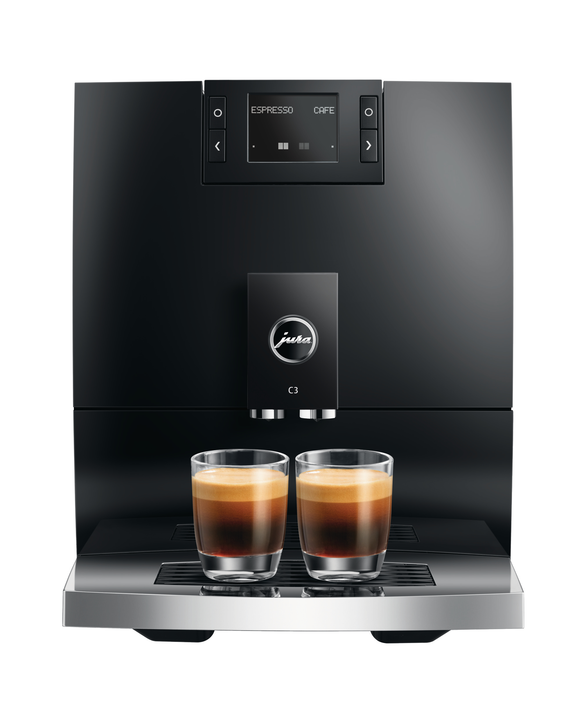 Schwarze Jura C3 Espressomaschine mit zwei Kaffeegläsern. Bedienfeld zeigt Espresso- und Café-Optionen. Silbernes Tablett unten.