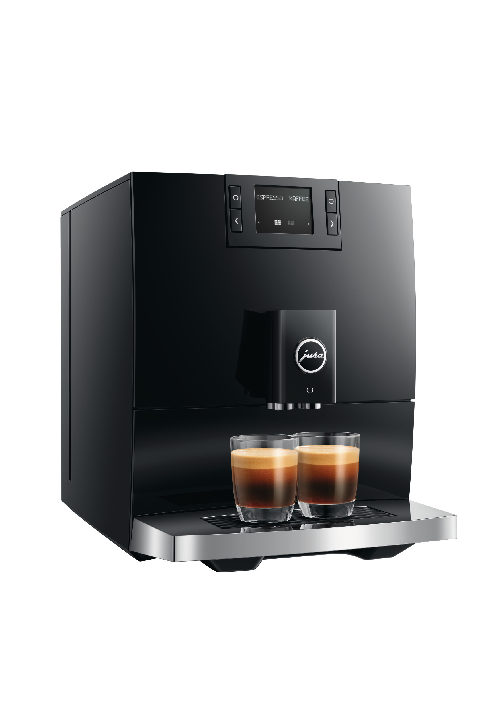Schwarze Jura C3 Espressomaschine mit zwei Kaffeegläsern. Display zeigt 'Espresso, Kaffee'. Silbernes Tablett unten.
