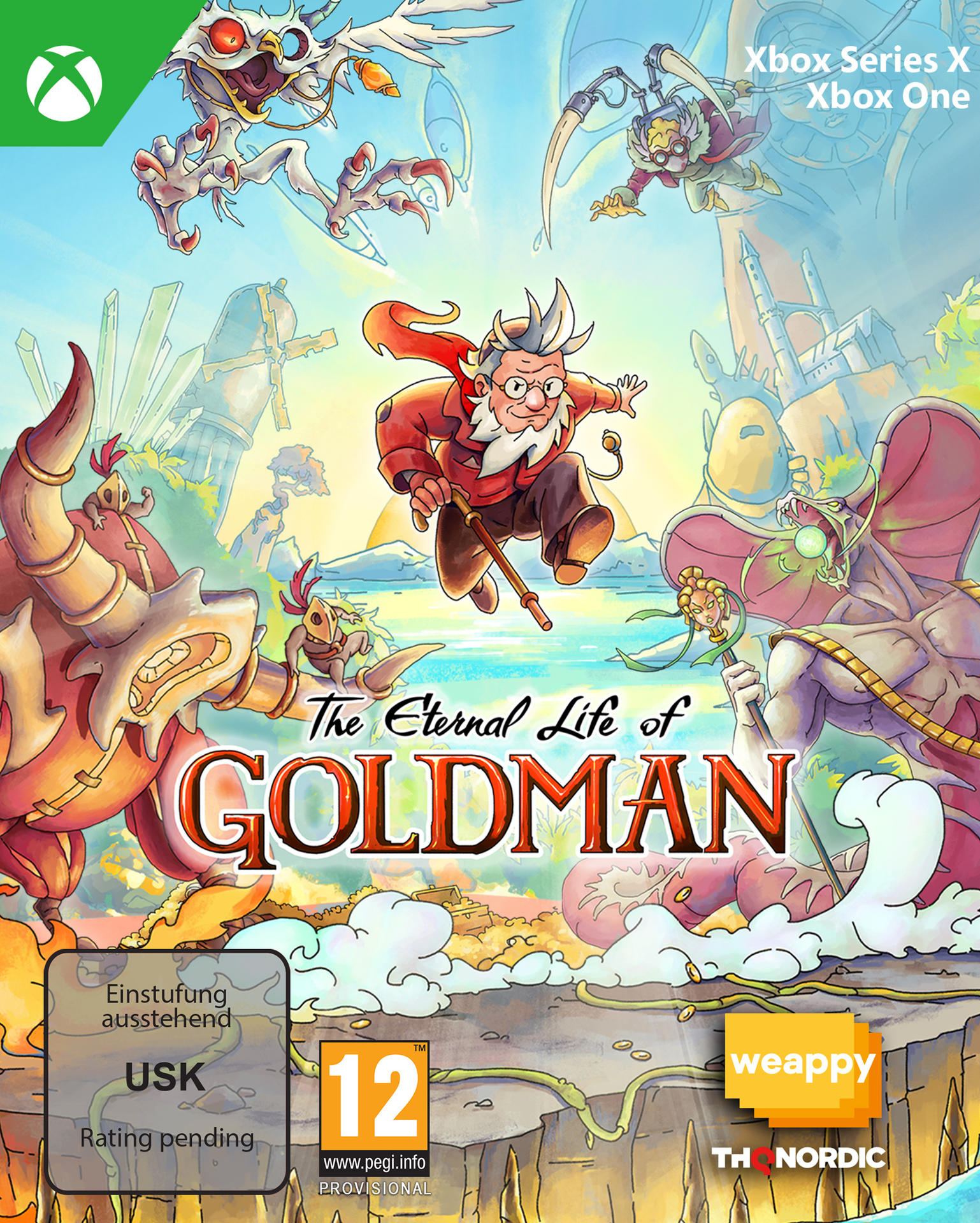 Spielecover mit springendem alten Mann, fliegenden Kreaturen und dem Titel 'The Eternal Life of Goldman'. Xbox-Logo oben.