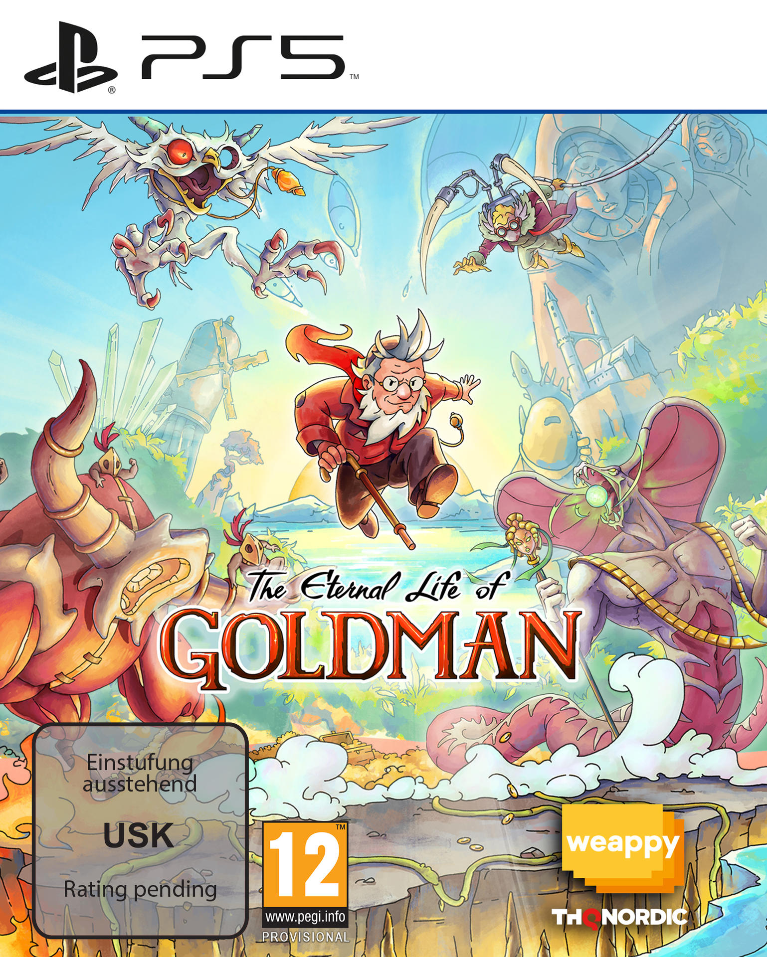 Cover-Art für "The Eternal Life of Goldman" auf PS5. Enthält Cartoon-Figuren, den Titel und Bewertungsinformationen.