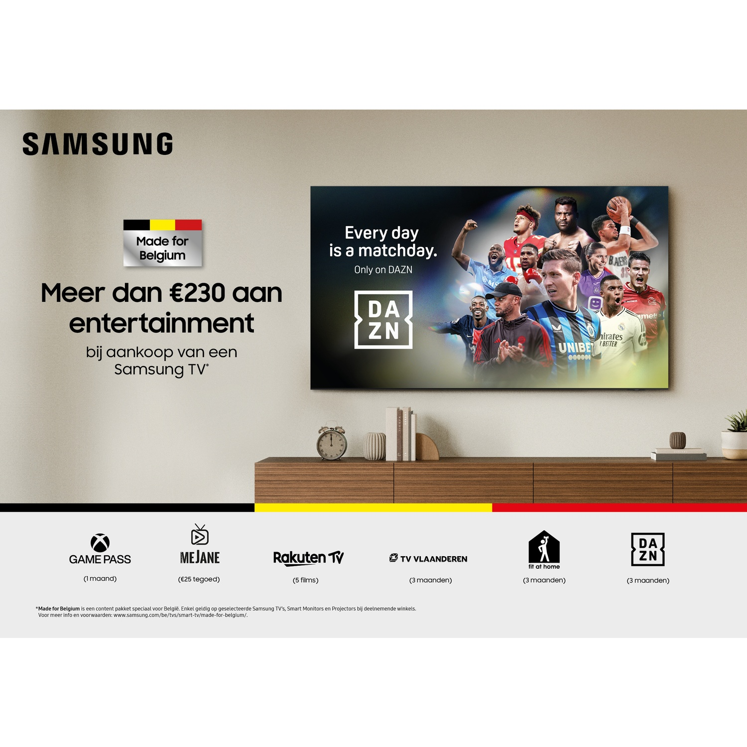 Samsung ad with TV showing sports. Offers for entertainment with DAZN, Game Pass, MeJane, Rakuten TV, TV Vlaanderen, and Fit at Home.