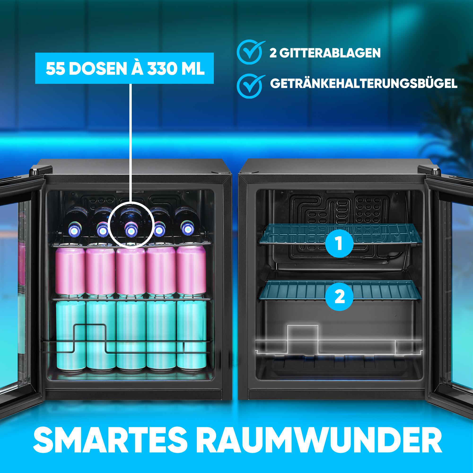 Ein Kühlschrank mit Getränken. Links Flaschen und rosa/blaue Dosen. Rechts Regale. Text: 'Smartes Raumwunder'.