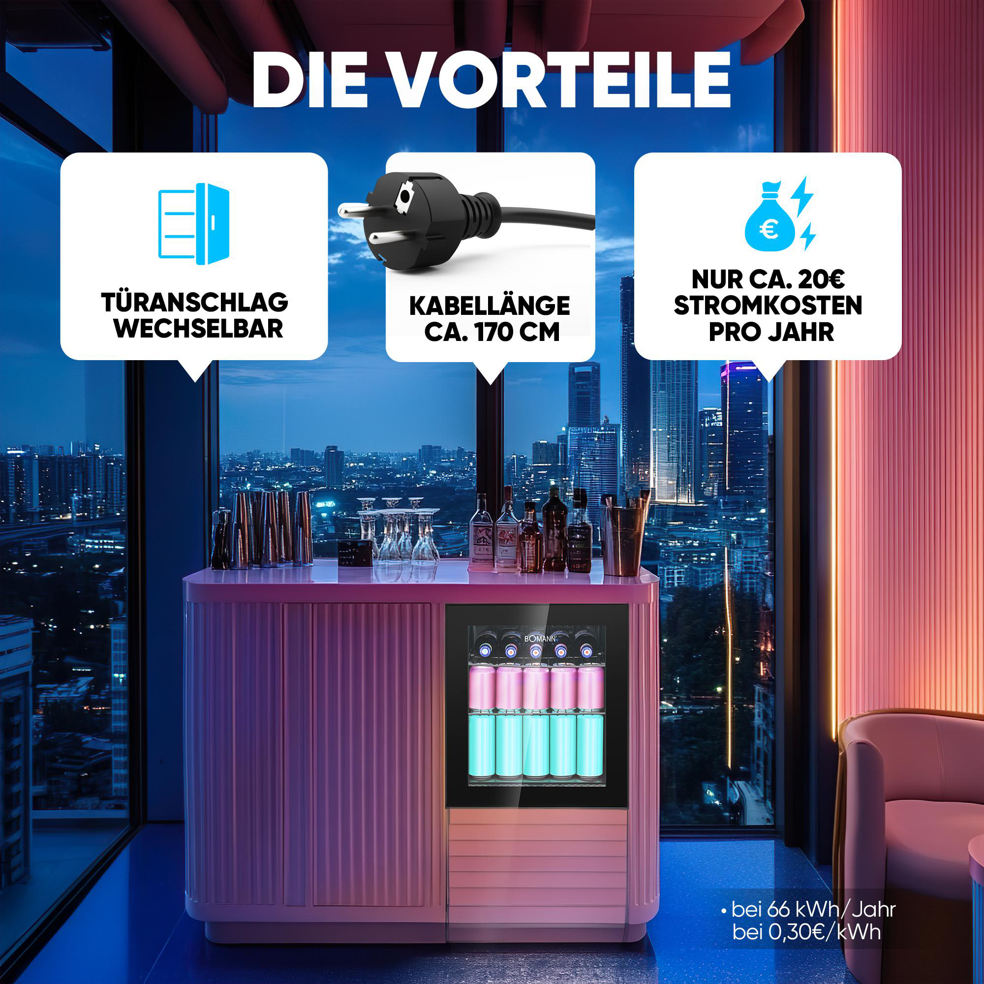 Eine Bar mit Fensterblick. Sie hat drei Informationskästen mit Texten über die Eigenschaften und Vorteile des Produkts.