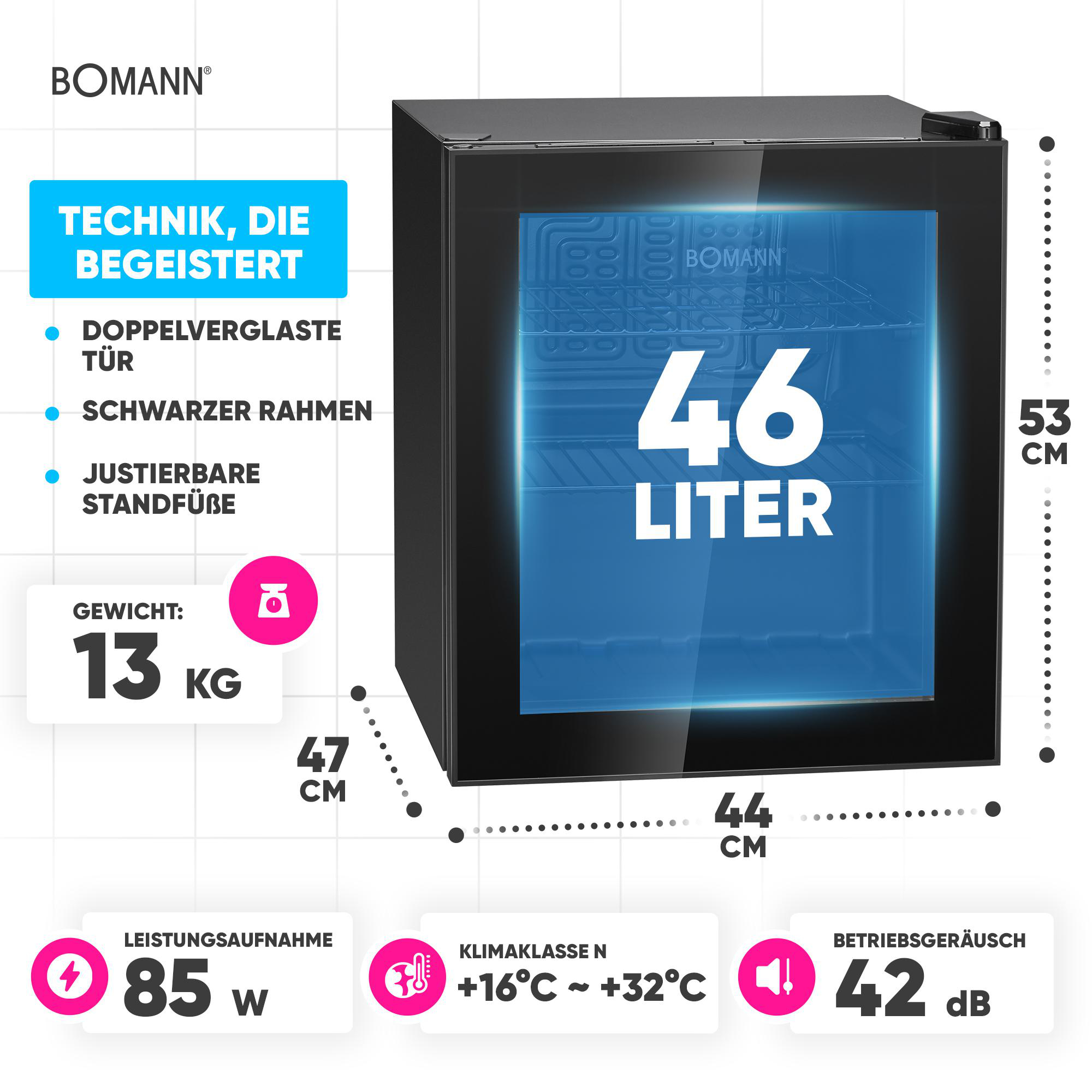 Schwarzer Mini-Kühlschrank mit Glastür. Textdetails: 46 Liter, 13 kg, 85 W, +16 °C ~ +32 °C, 42 dB und Abmessungen.