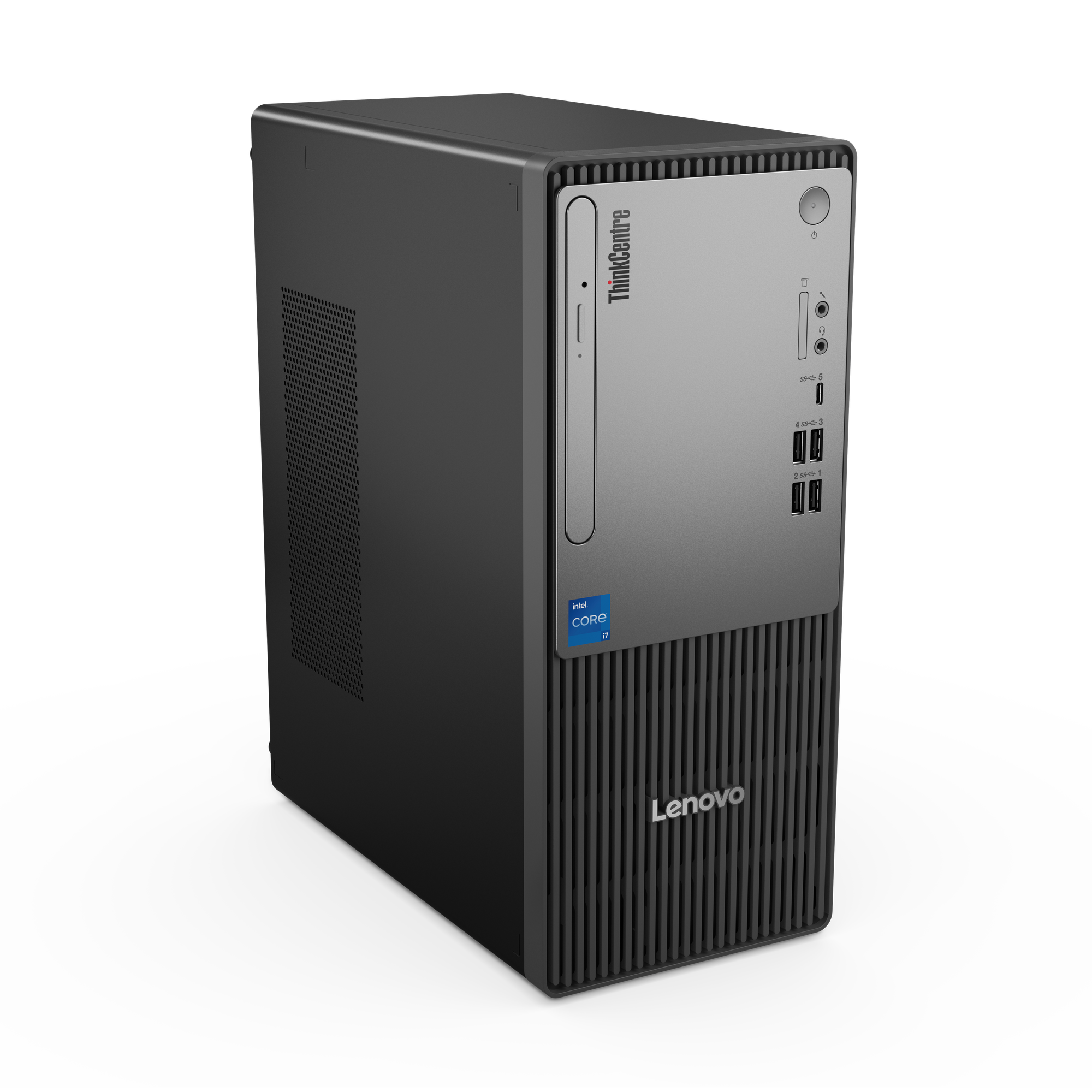 Ein schwarzer Lenovo ThinkCentre Desktop-Computer. Es hat eine silberne Front mit dem ThinkCentre-Logo und einem Intel Core i7-Aufkleber.