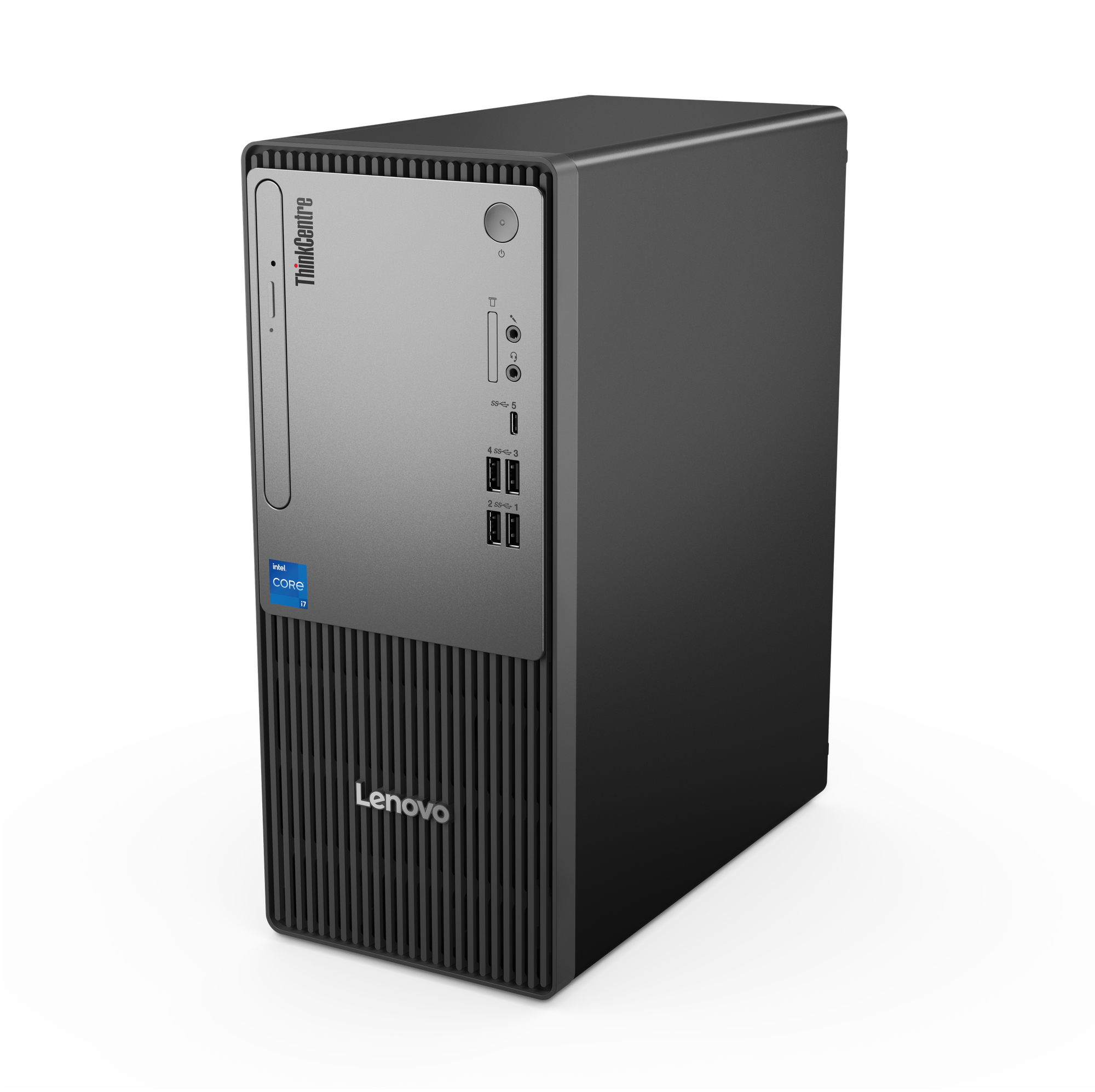 Ein Lenovo ThinkCentre Desktop-Computer. Er ist schwarz und grau und hat das Intel Core i7 Logo.
