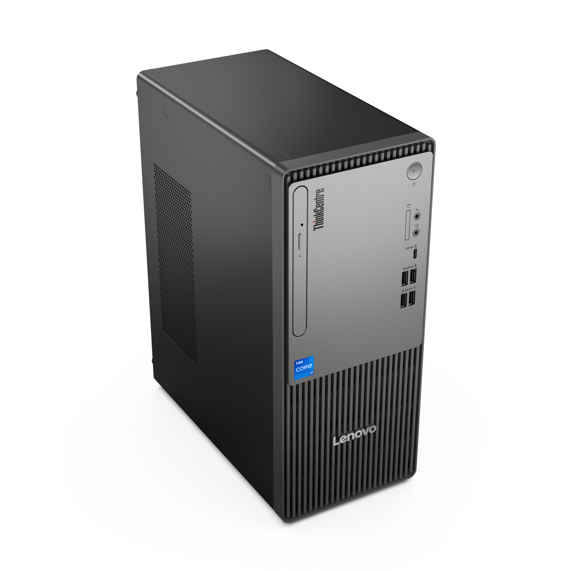 Ein Lenovo ThinkCentre Desktop-Computer auf schwarzem Hintergrund. Er hat eine graue Vorderseite und einen schwarzen Körper.