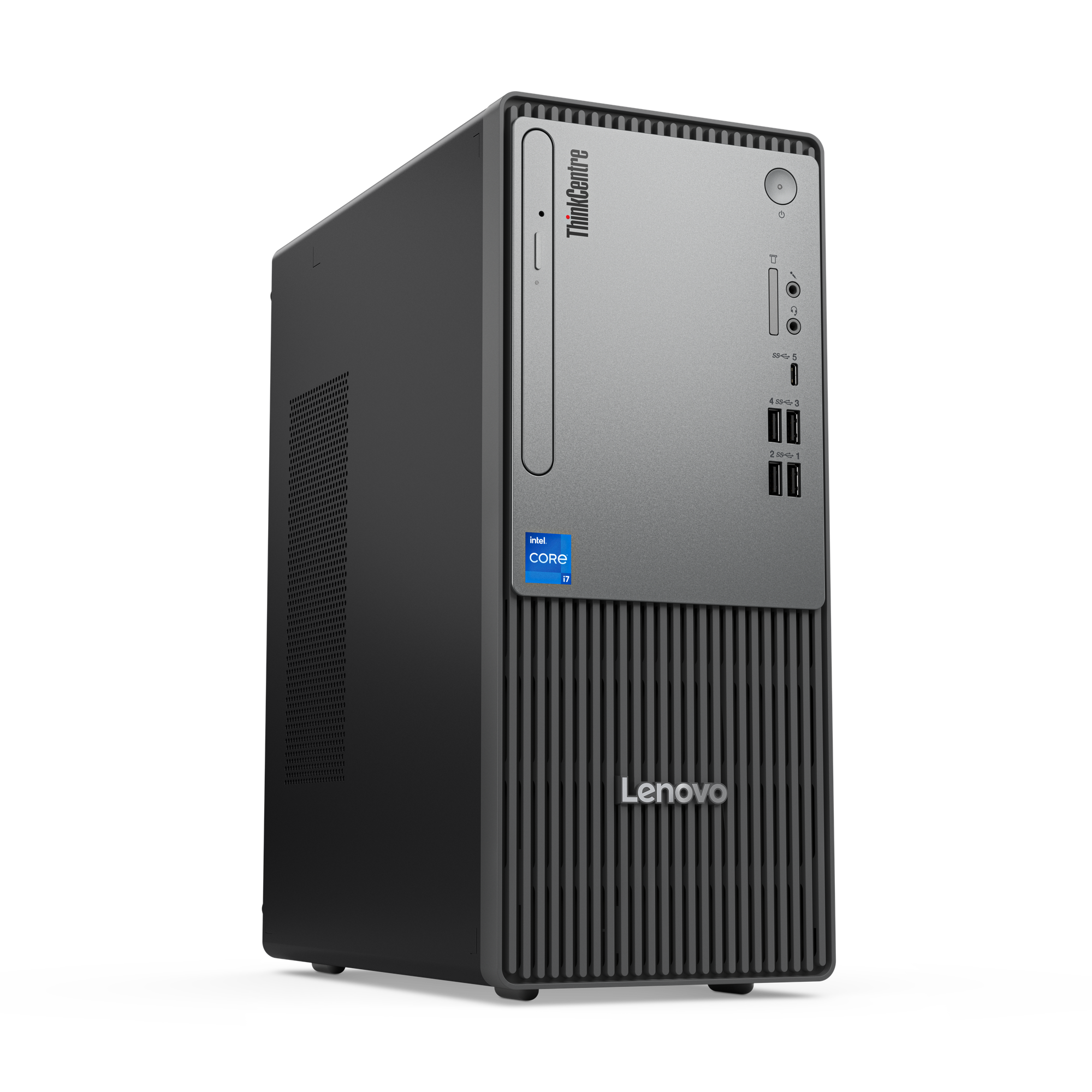 Ein schwarzer Lenovo ThinkCentre Desktop-Computer. Er hat eine silberne Frontplatte mit Anschlüssen und dem Intel Core i7 Logo.
