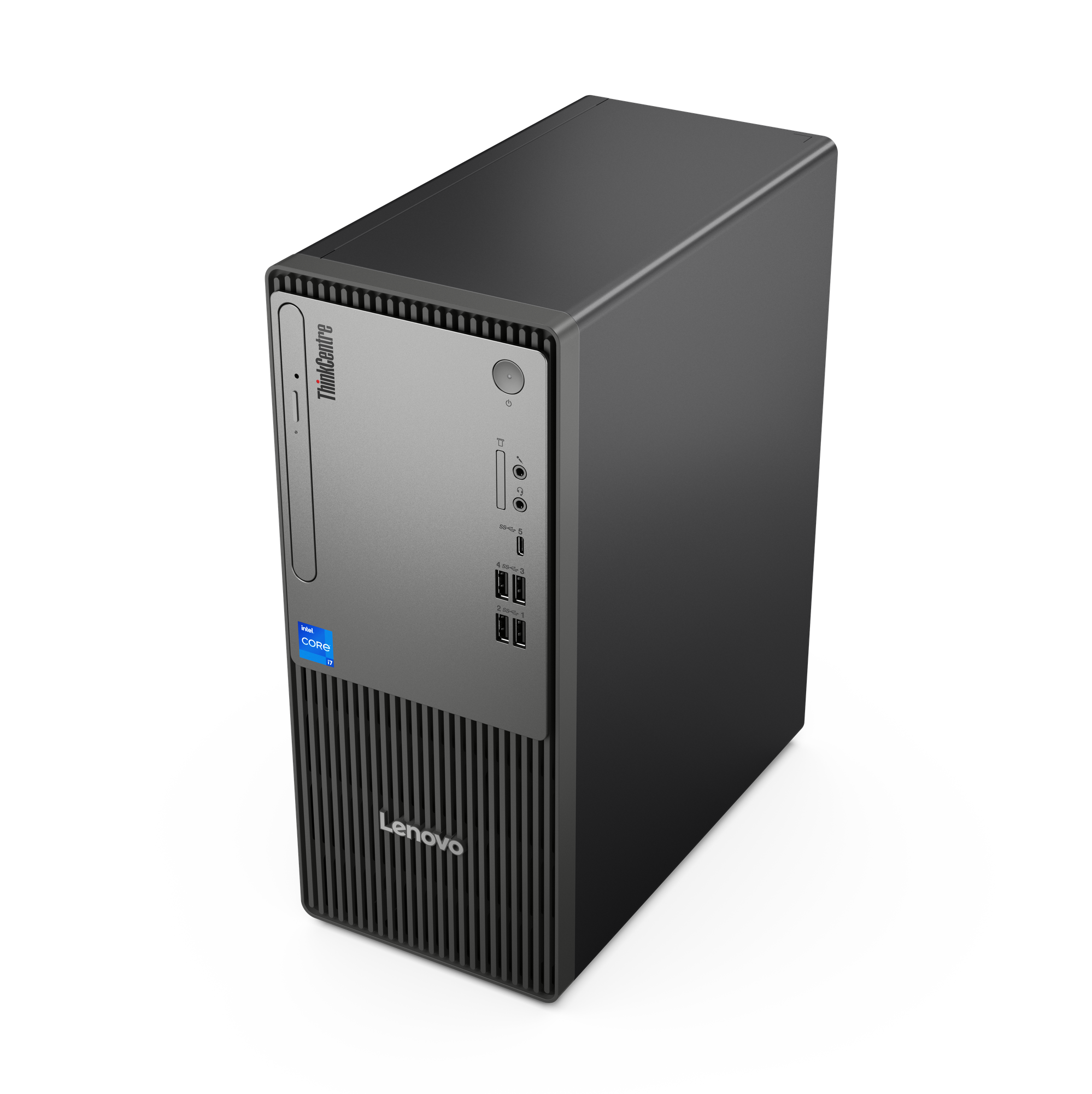 Ein Lenovo ThinkCentre Desktop-Computer, schwarz und grau, auf schwarzem Hintergrund. Mit Intel Core i7.