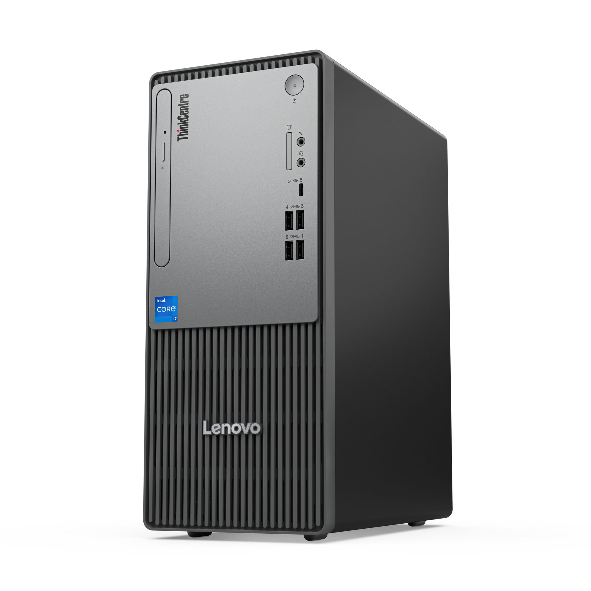 Ein silberner und schwarzer Lenovo ThinkCentre Desktop-Computer. Er hat Anschlüsse, einen Intel Core i7 Aufkleber und ein Lenovo-Logo.