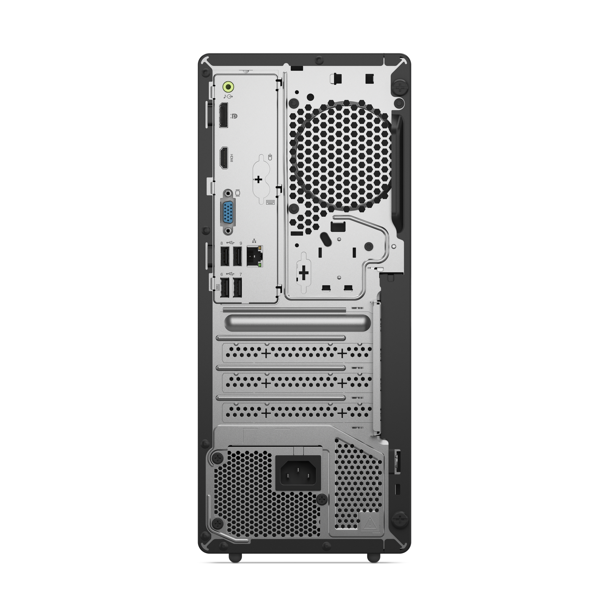 Die Rückseite eines Desktop-Computers mit verschiedenen Anschlüssen und einem Netzteil.