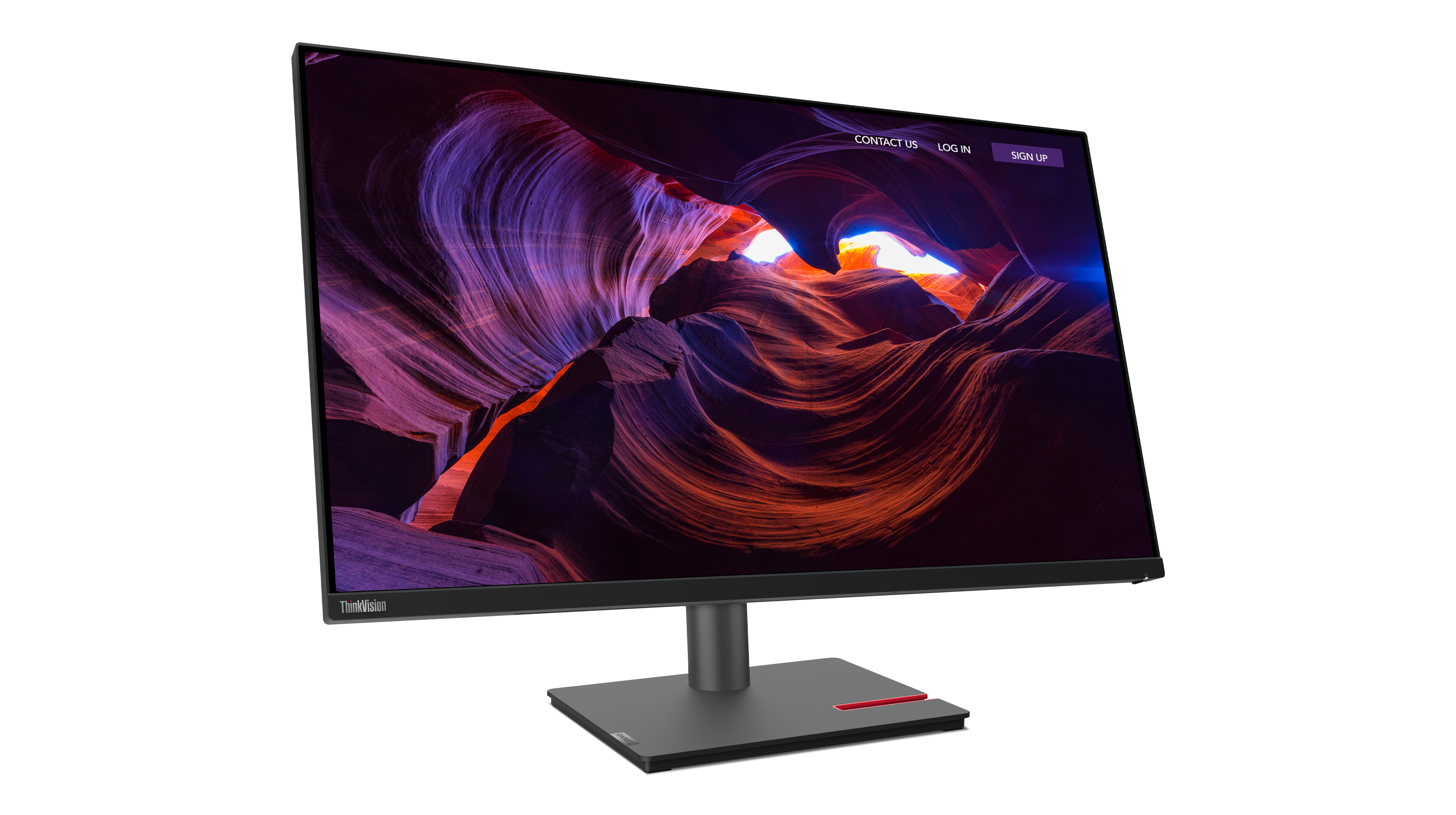 Ein ThinkVision-Monitor zeigt eine Schluchtszene. Der Monitor ist grau mit roter Basis. Der Hintergrund ist schwarz.