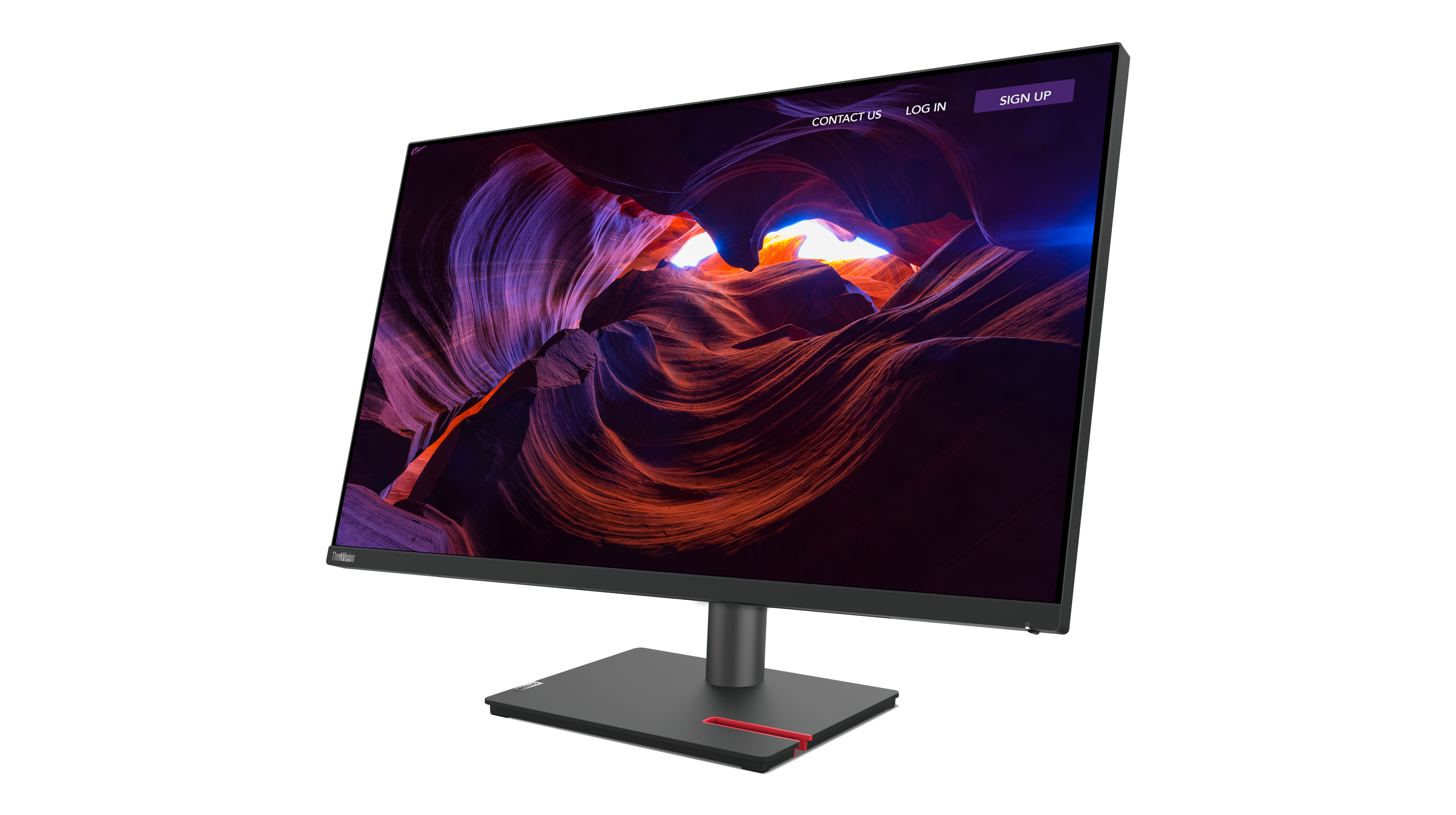 Ein schwarzer ThinkVision-Monitor zeigt eine Schluchtszene mit roten, lila und weißen Farben. Der Monitor steht auf einem schwarzen Sockel.