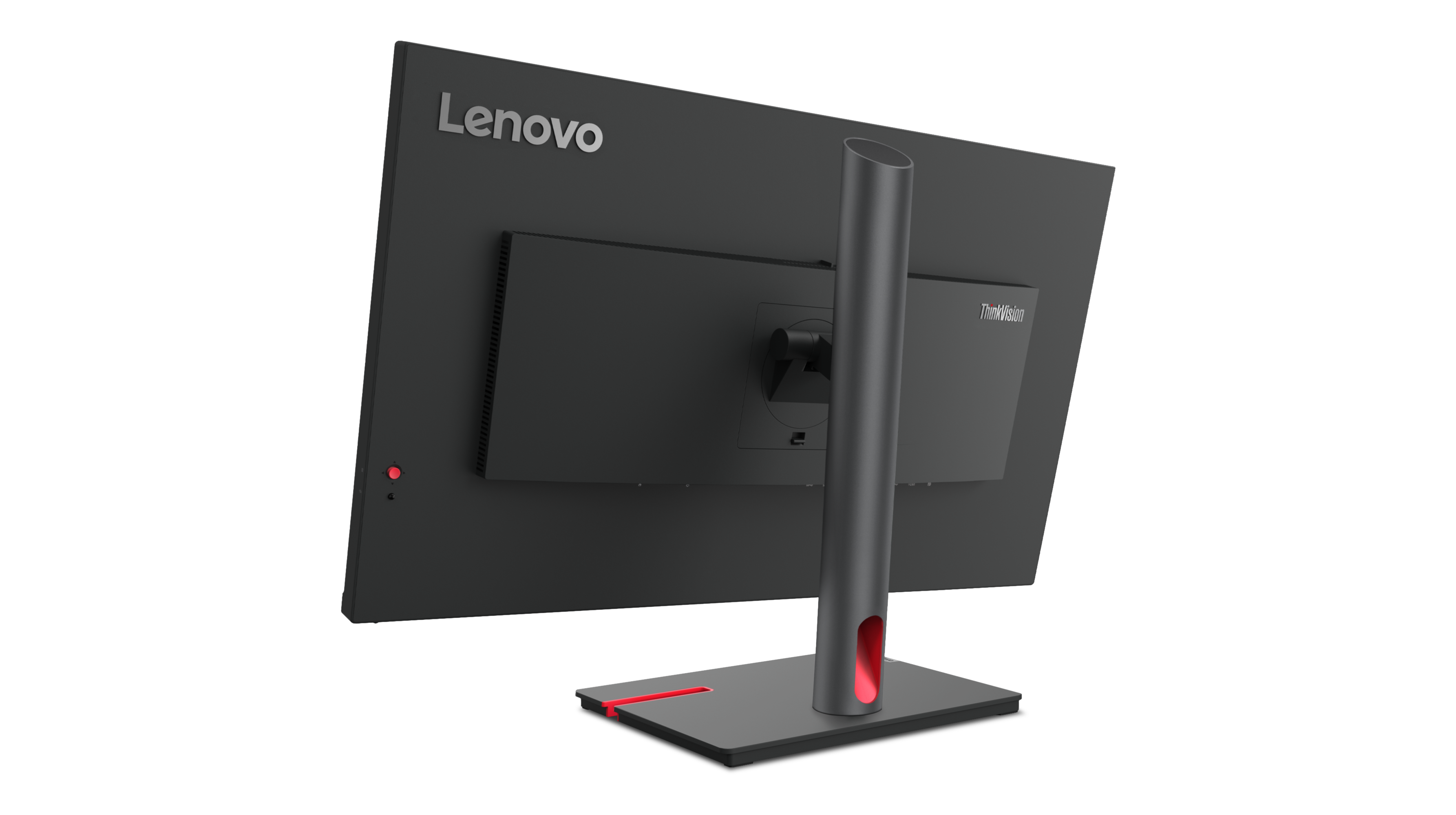 Rückansicht eines Lenovo ThinkVision Monitors. Er ist dunkelgrau mit roter Akzentfarbe am Fuß und einem Lenovo-Logo. Der Ständer ist silbern.