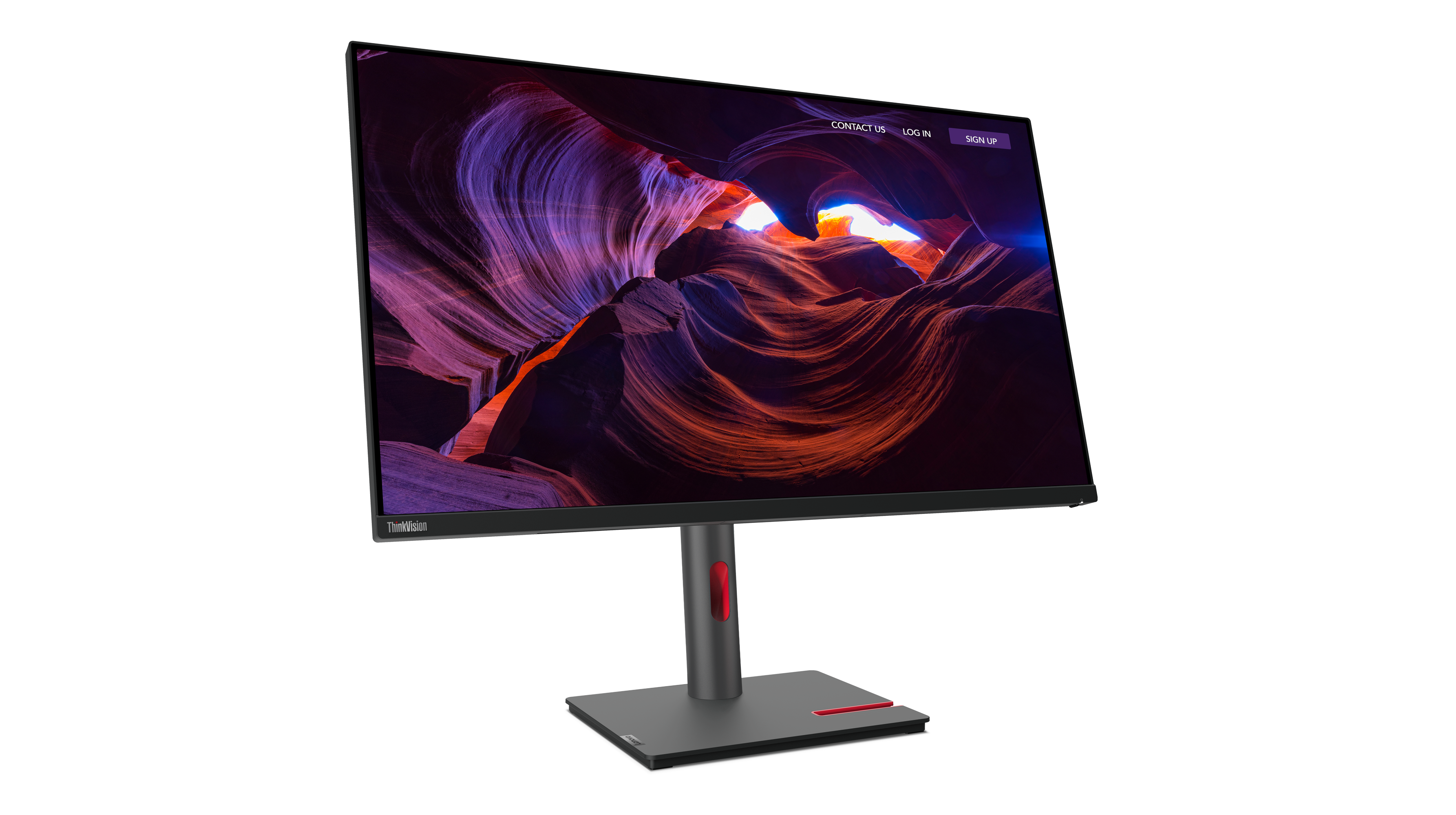Ein ThinkVision-Monitor zeigt eine Schluchtszene. Er hat einen grauen Ständer und einen schwarzen Rahmen. Dunkler Hintergrund.