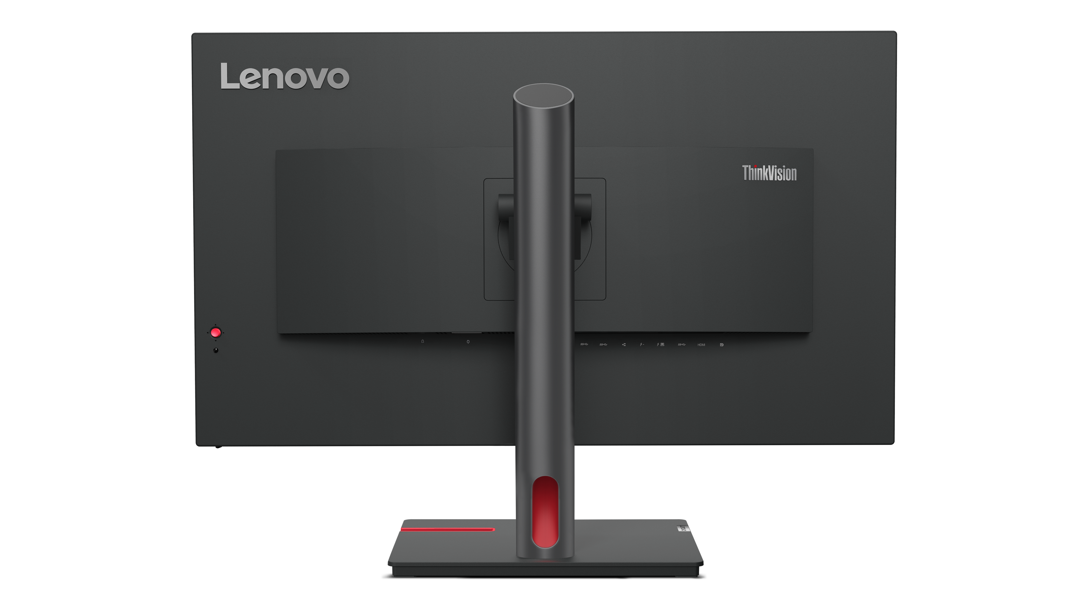 Rückseite eines Lenovo ThinkVision Monitors. Er hat einen Ständer mit roter Akzentfarbe. Die Lenovo- und ThinkVision-Logos sind sichtbar.