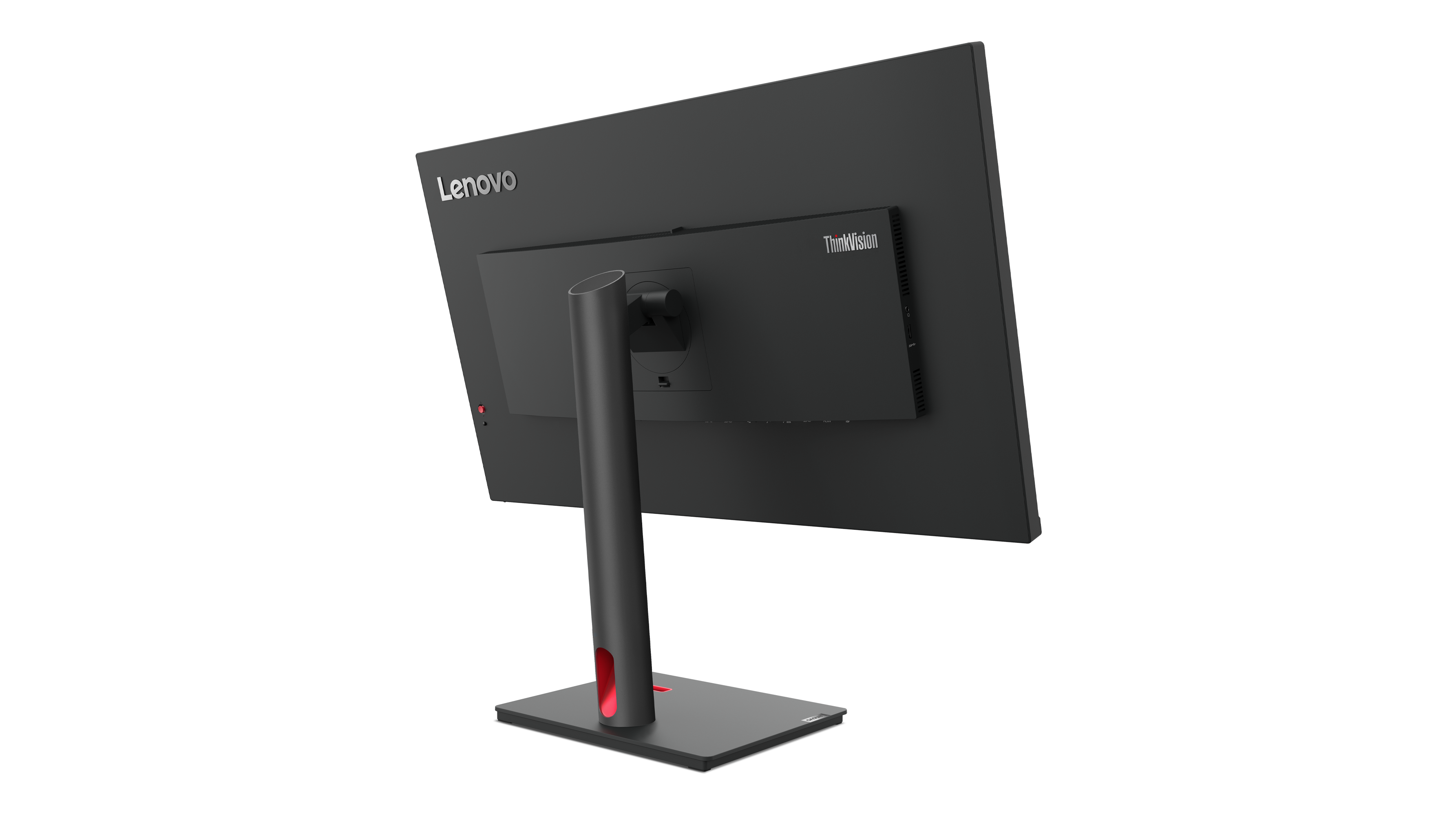 Rückansicht eines schwarzen Lenovo ThinkVision Monitors. Sockel und Ständer sind grau, mit rotem Akzent. Der Hintergrund ist schwarz.