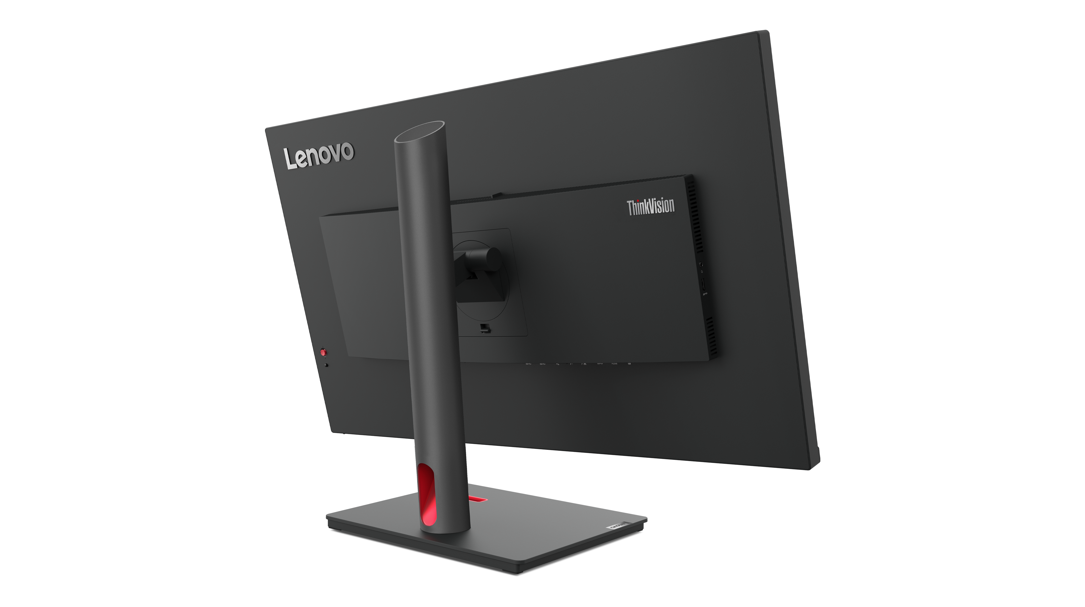 Rückansicht eines schwarzen Lenovo ThinkVision Monitors. Der Ständer ist grau mit rotem Akzent. Das Lenovo-Logo ist sichtbar.