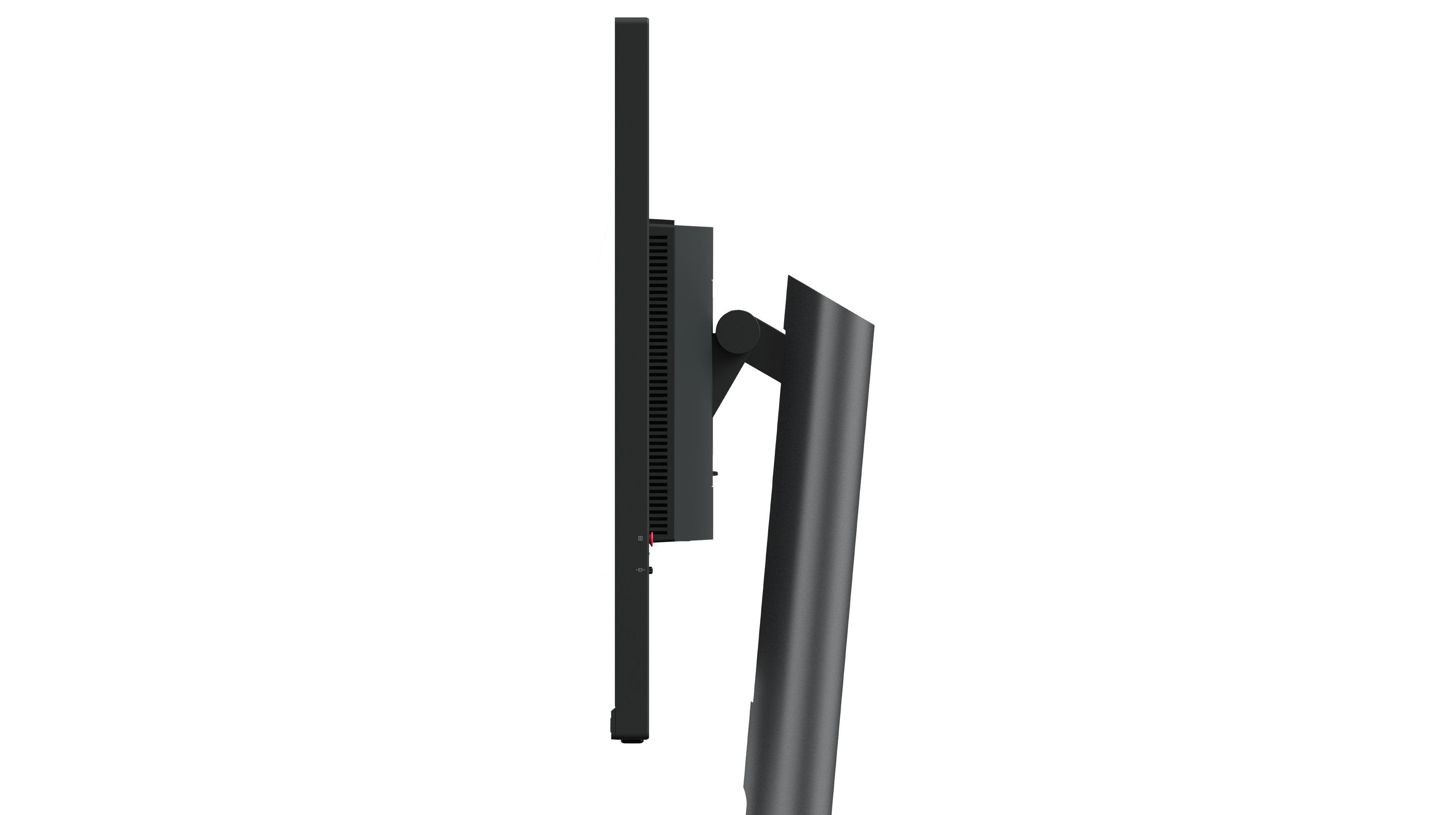 Seitenansicht eines dunkelgrauen Monitors. Der Ständer ist rechts zu sehen. Der Hintergrund ist schwarz.