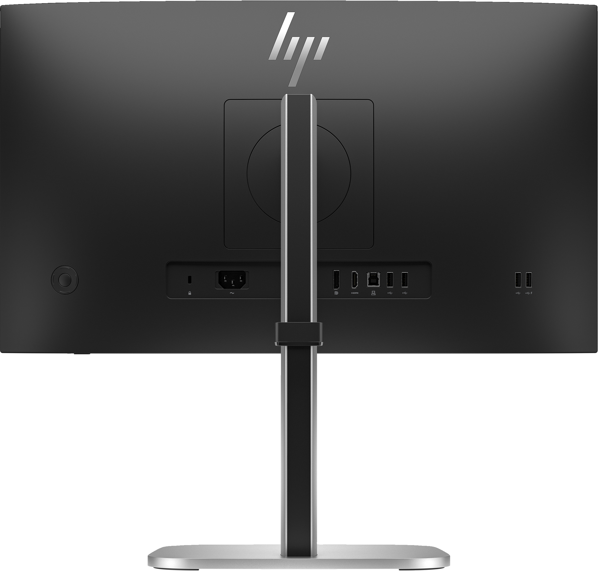 Rückseite eines schwarzen HP-Monitors. Er hat einen Ständer und mehrere Anschlüsse. Oben befindet sich ein HP-Logo.