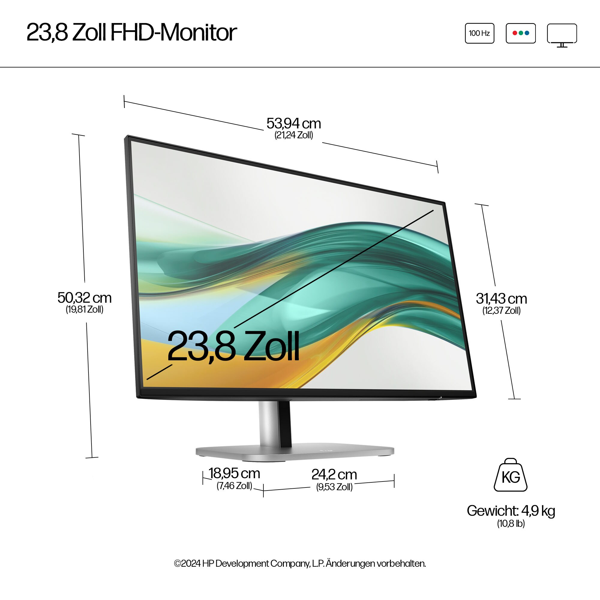 Ein 23,8-Zoll-FHD-Monitor mit Abmessungen und Gewichtsangaben. Er hat einen schwarzen Rahmen und einen Ständer. Der Bildschirm zeigt eine Grafik.