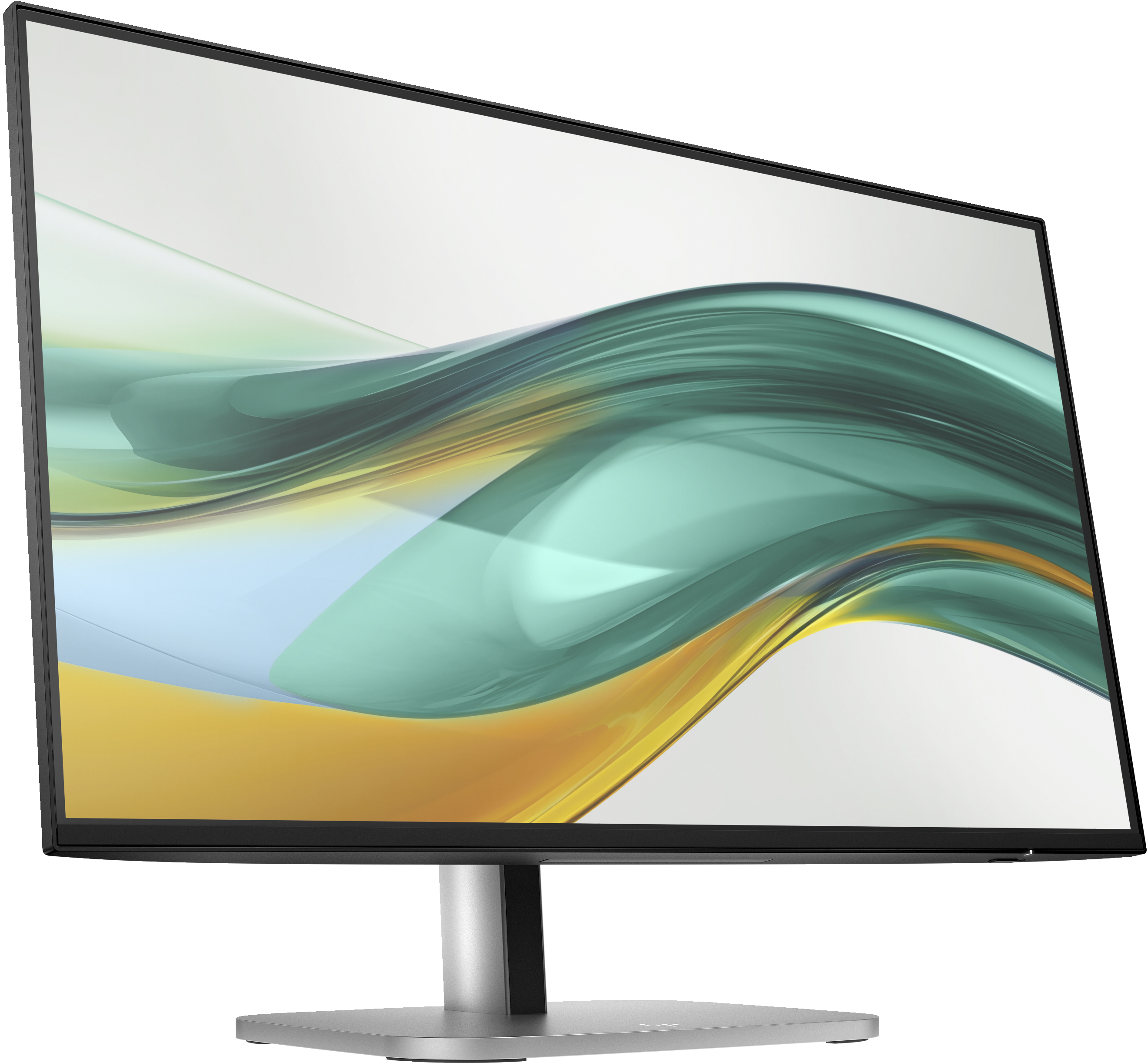 Ein Computermonitor mit schwarzem Rahmen zeigt ein abstraktes Design mit grünen, gelben und blauen Flüssigkeitsformen.
