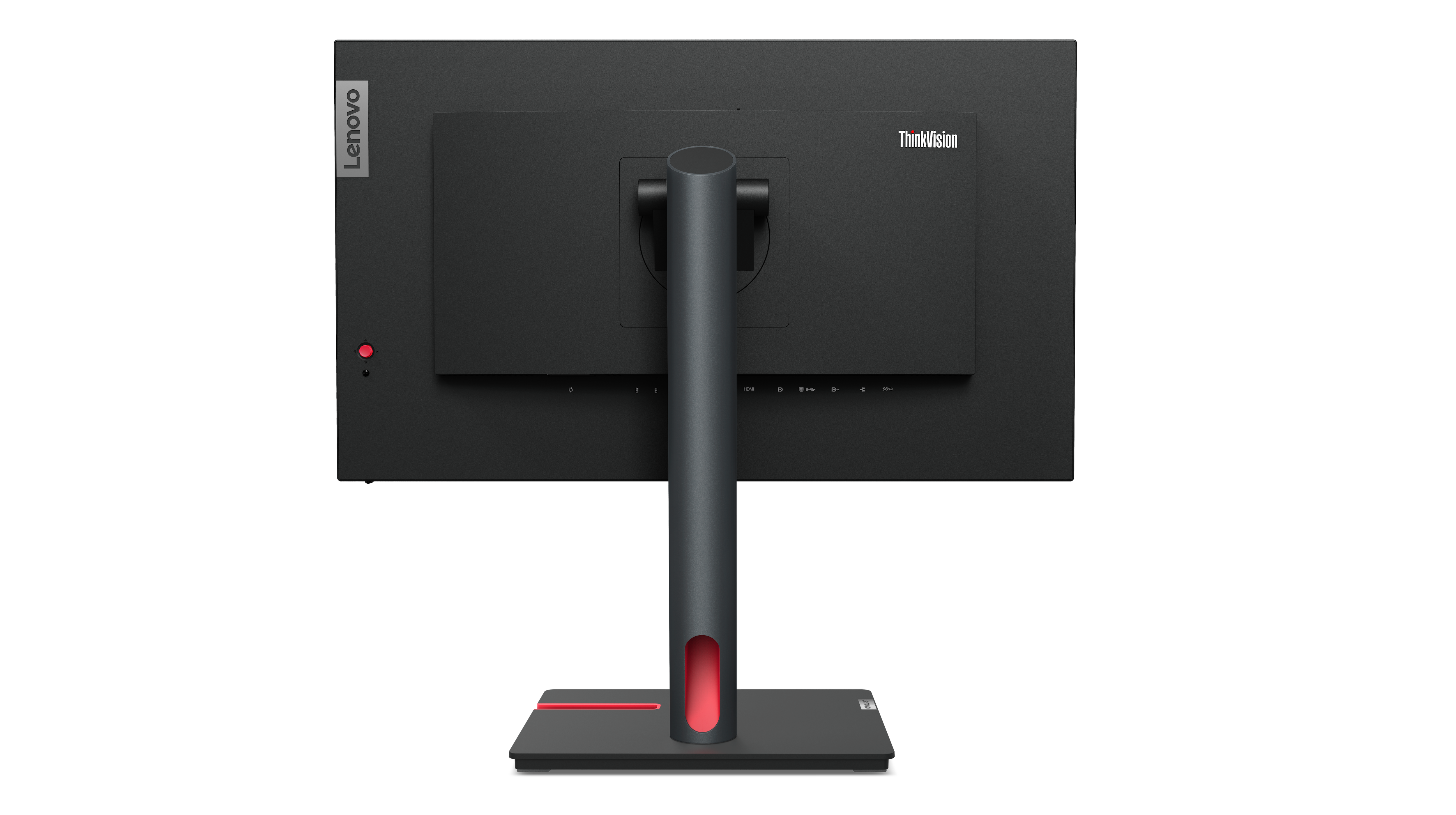 Rückseite eines schwarzen Lenovo ThinkVision Monitors. Er hat einen Ständer mit roter Akzentfarbe und das Lenovo-Logo an der Seite.