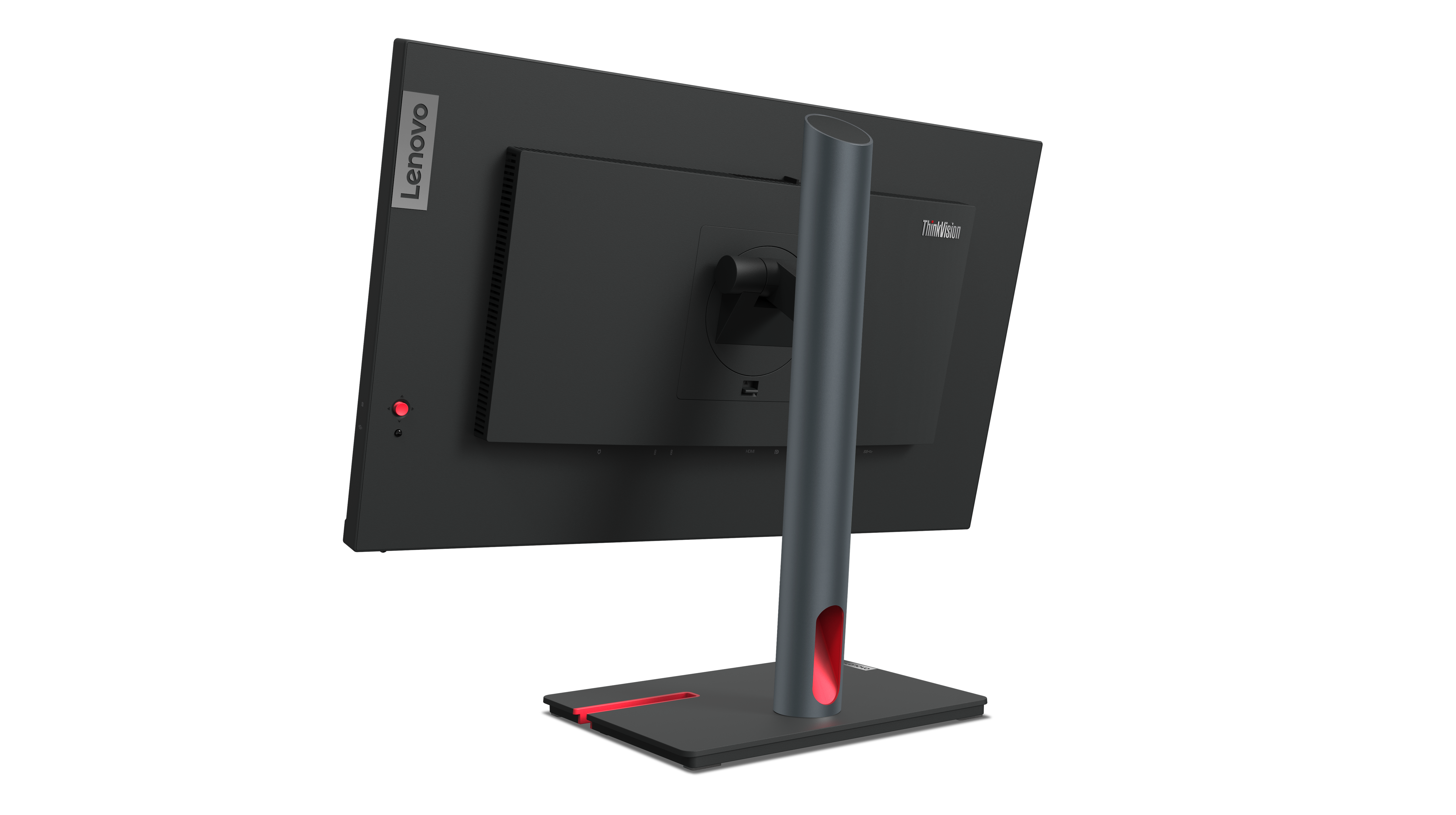 Rückansicht eines schwarzen Lenovo ThinkVision Monitors. Er hat einen grauen Ständer mit roter Basis. Lenovo-Logo auf dem Bildschirm.