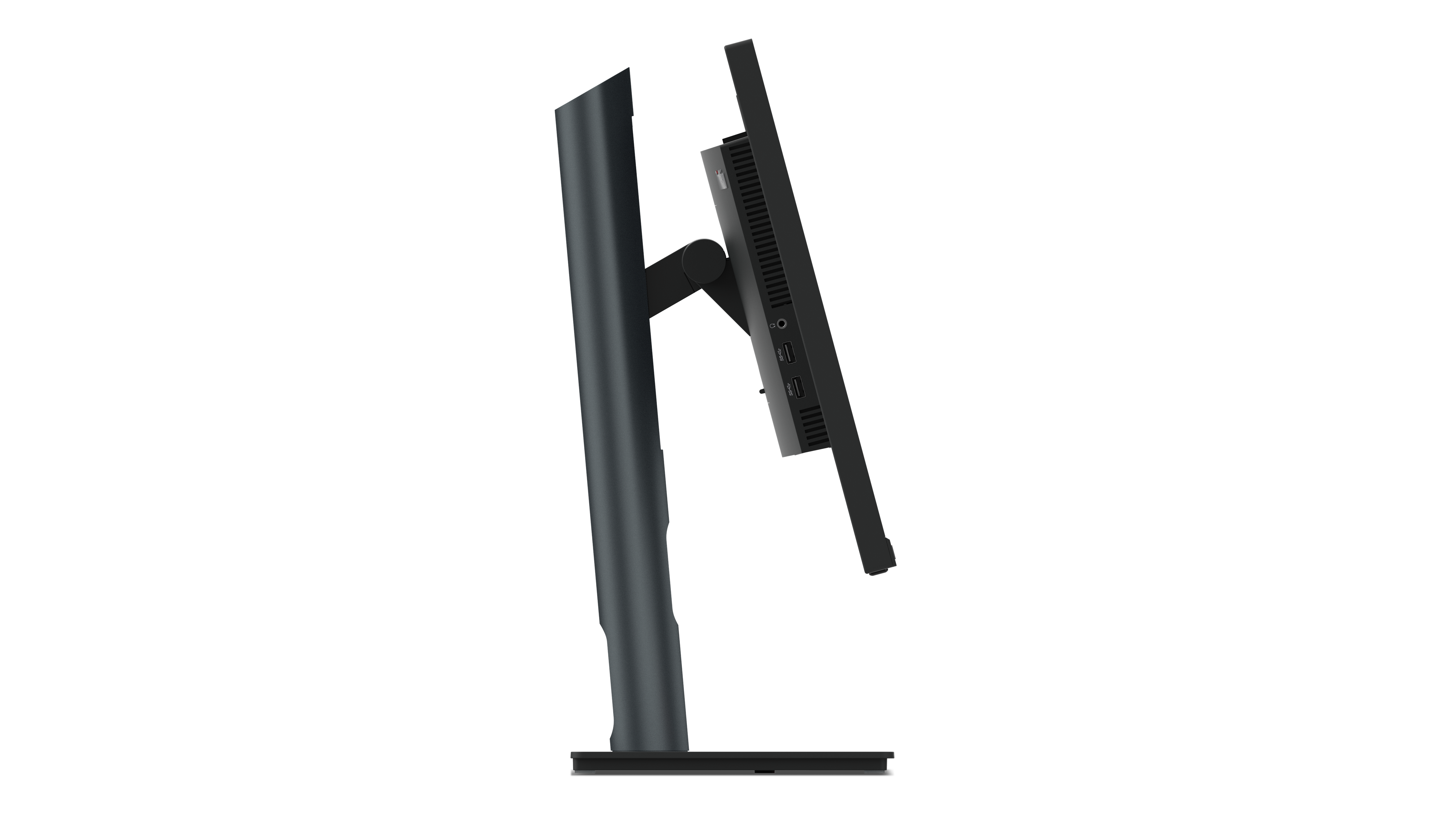 Ein schwarzer Computermonitor wird von der Seite gesehen. Er hat einen Ständer und steht vor schwarzem Hintergrund.