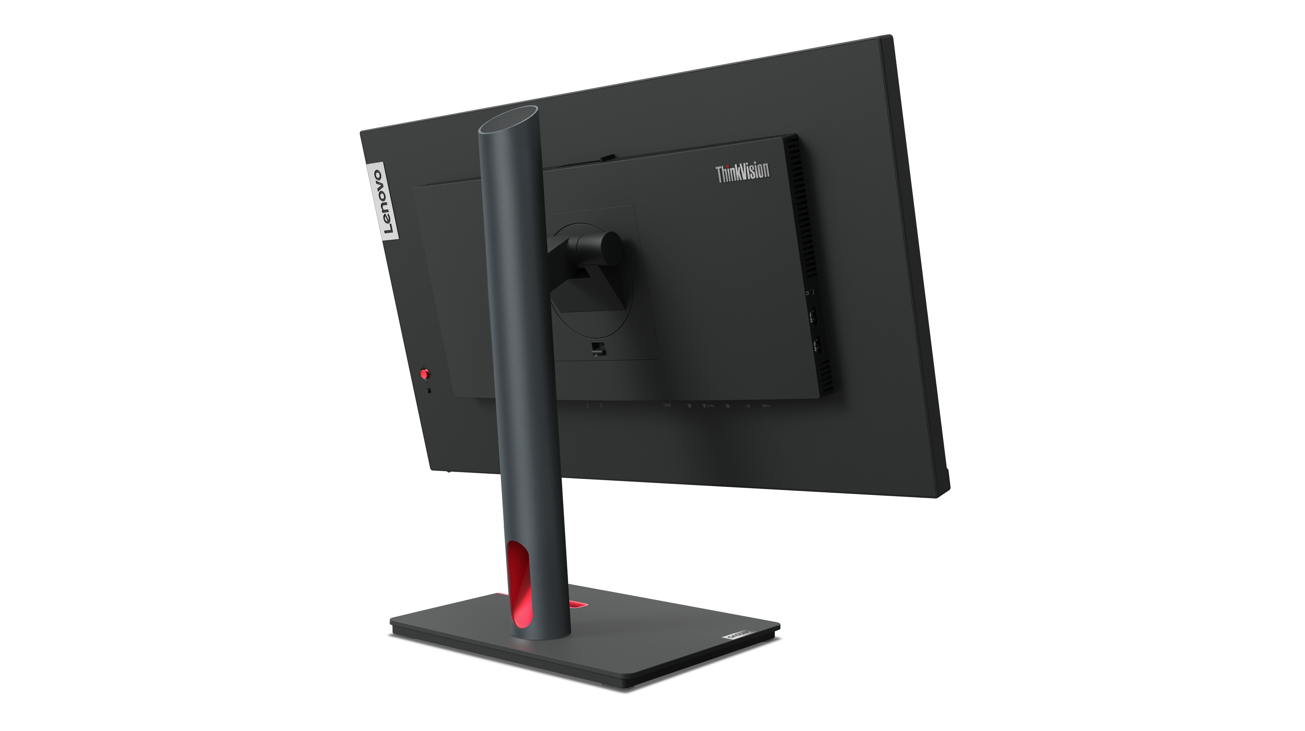 Rückansicht eines schwarzen Lenovo ThinkVision Monitors. Er hat einen Ständer mit roter Akzentfarbe, und das Lenovo-Logo ist sichtbar.