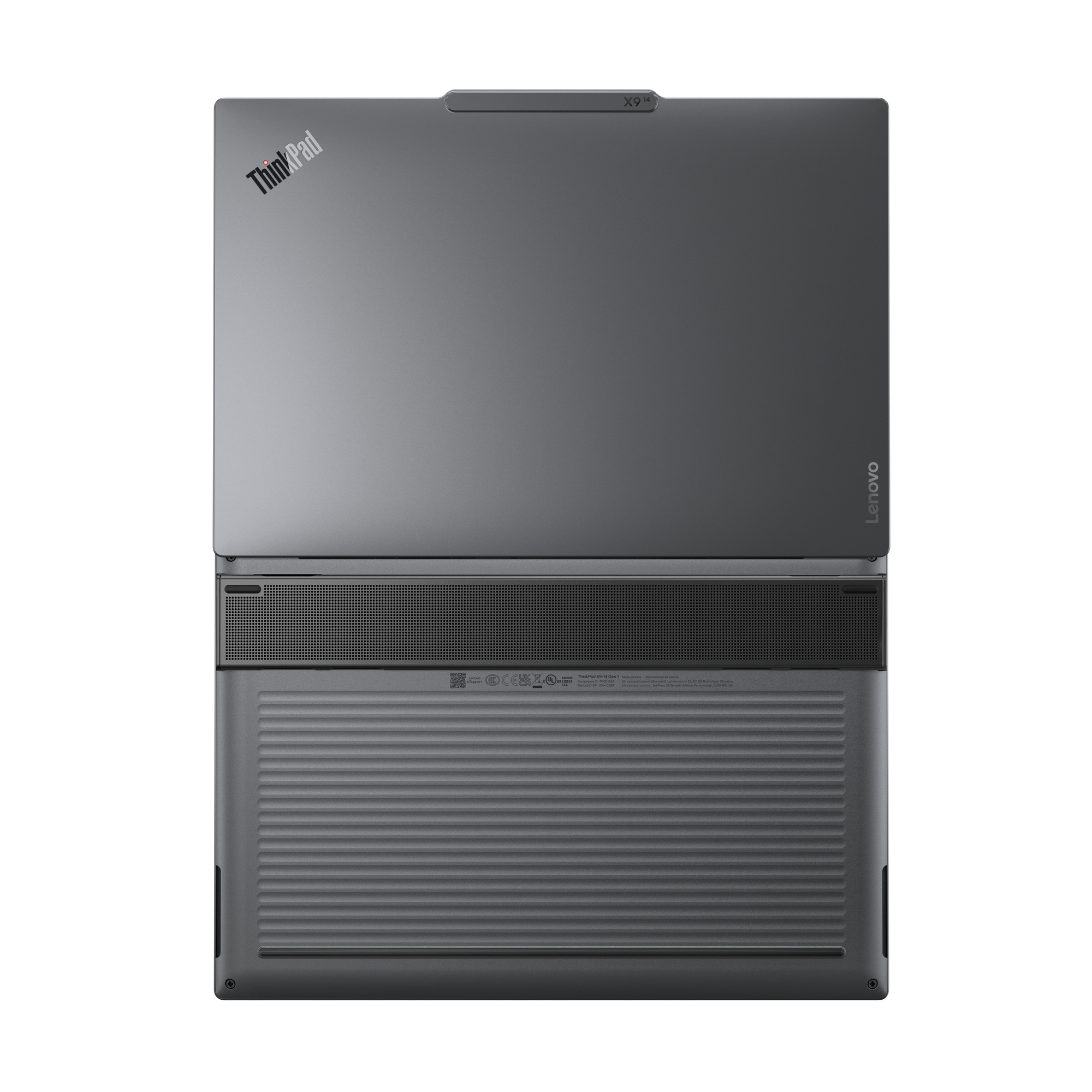 Draufsicht auf einen grauen Lenovo ThinkPad X13 Gen 1 Laptop. Der Bildschirm ist geöffnet und gibt Tastatur und Basis frei.